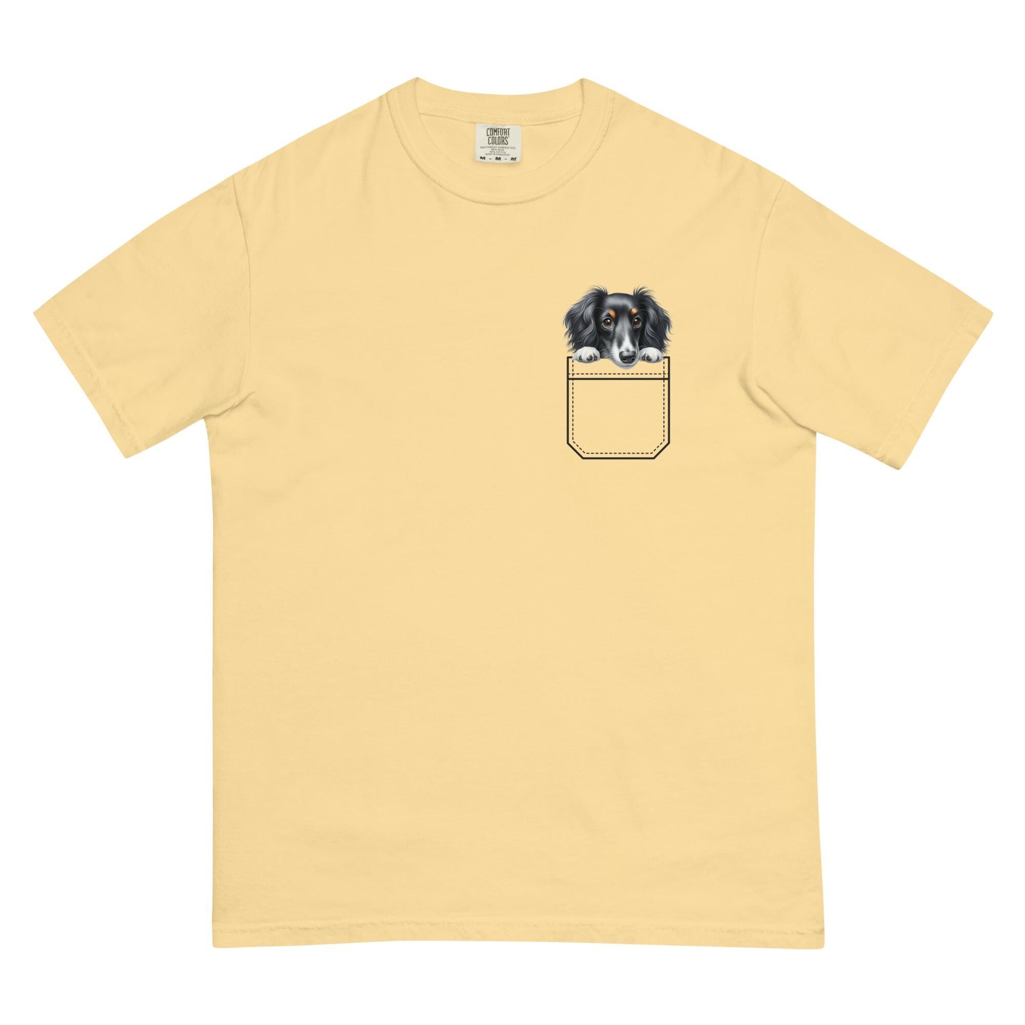 Dachshund Puppy Comfort Colors Shirt, personalized Faux Pocket Tee long hair dachshund