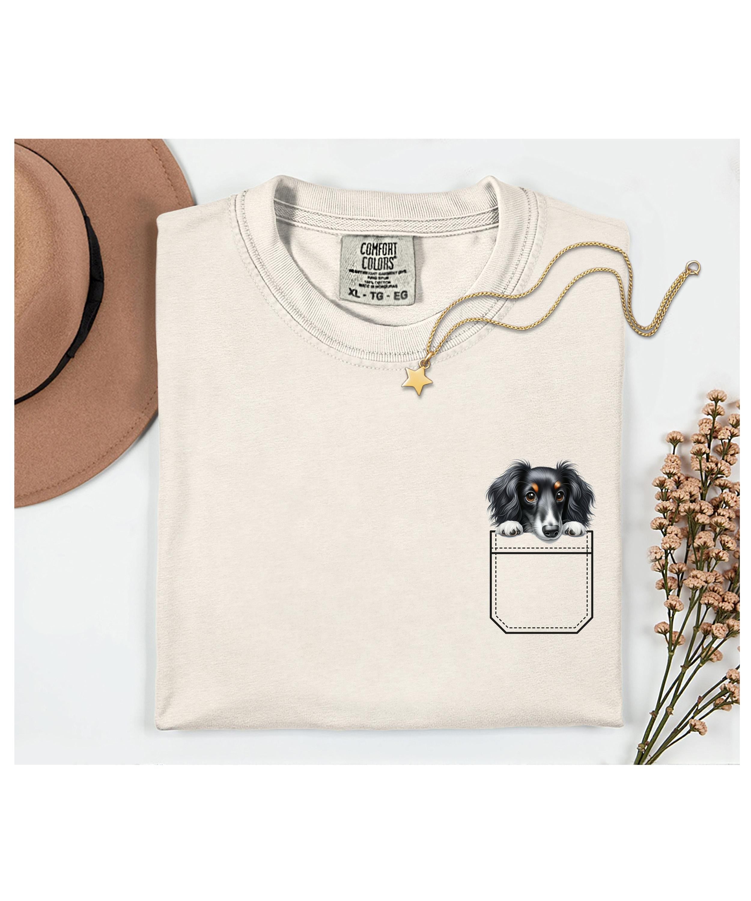 Dachshund Puppy Comfort Colors Shirt, personalized Faux Pocket Tee long hair dachshund