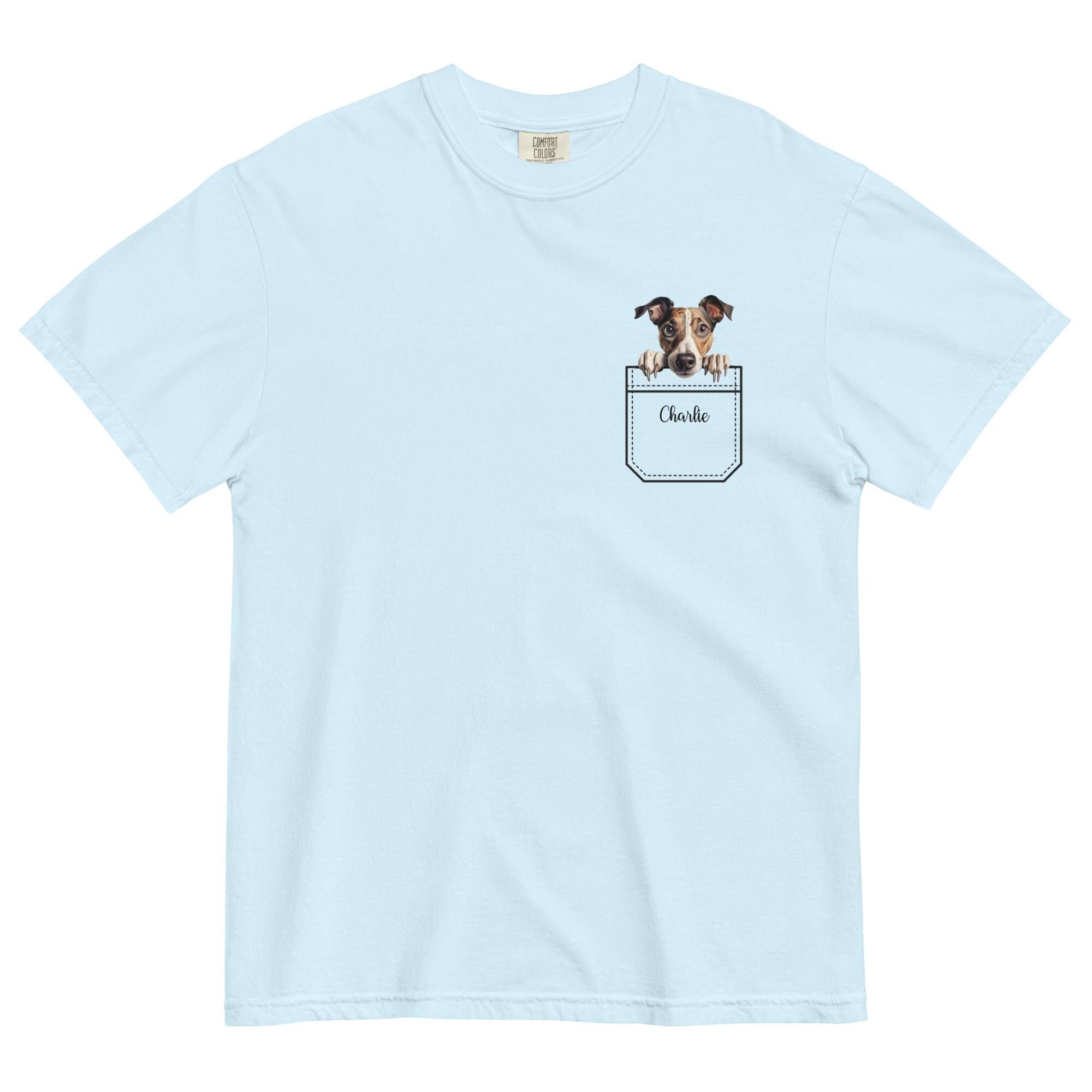Greyhound t-shirt Comfort Colors faux pocket puppy peeker, personalized custom name personalized dog tee