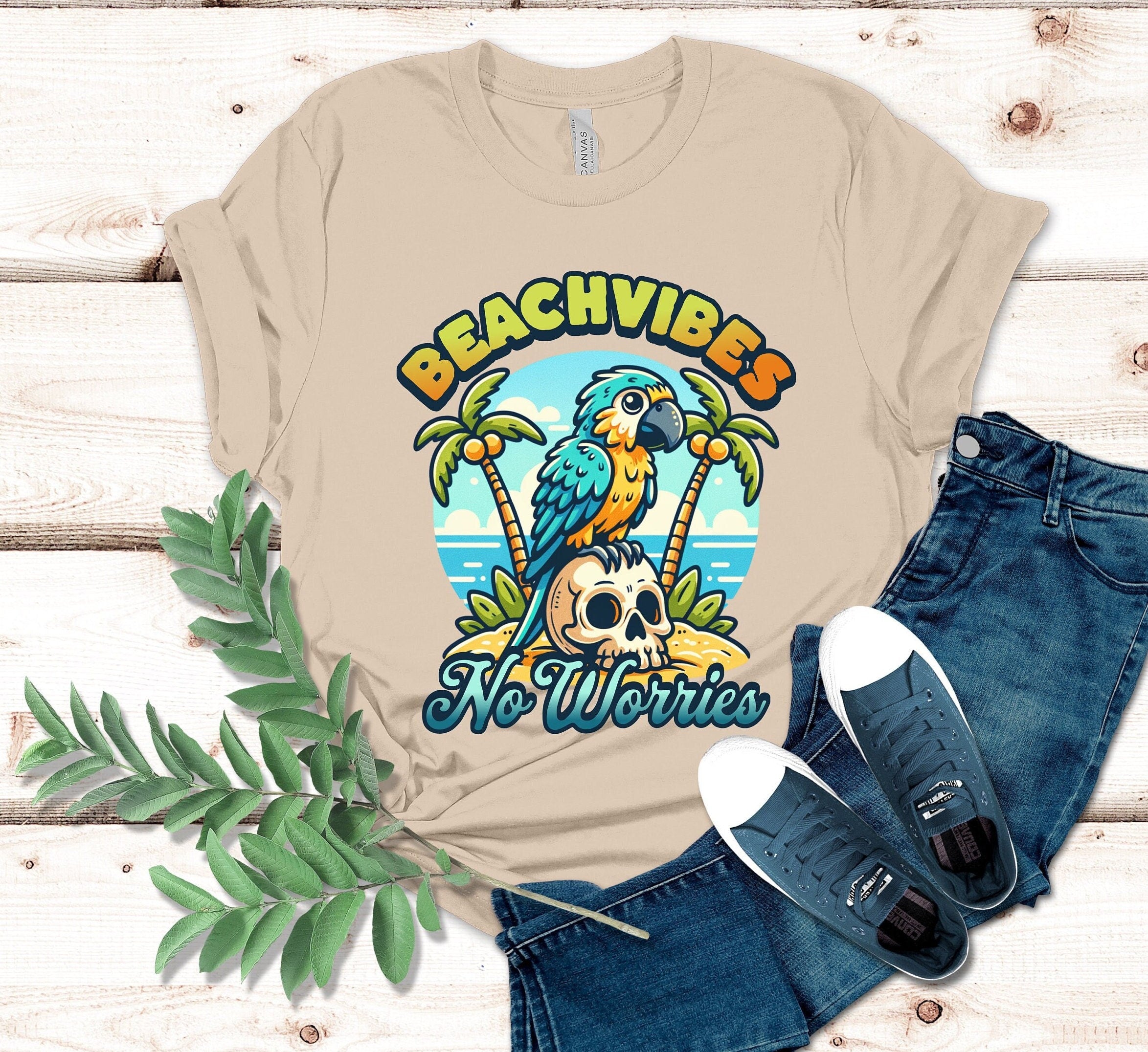 Beach Vibes T-Shirt: Parrot Skull Graphic Tee, Summer Vacation Shirt
