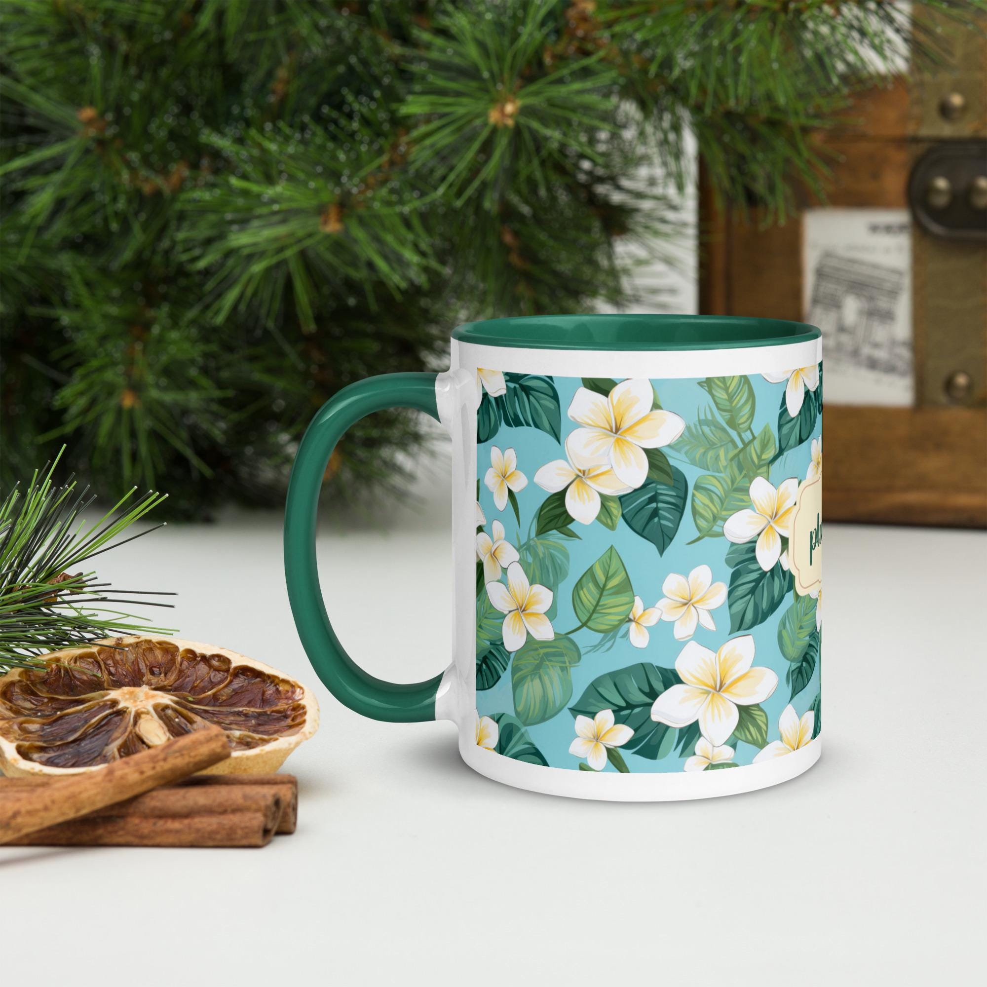 Plumeria Coffee Mug Hawaiian flowers mug green inside plumeria mug gift