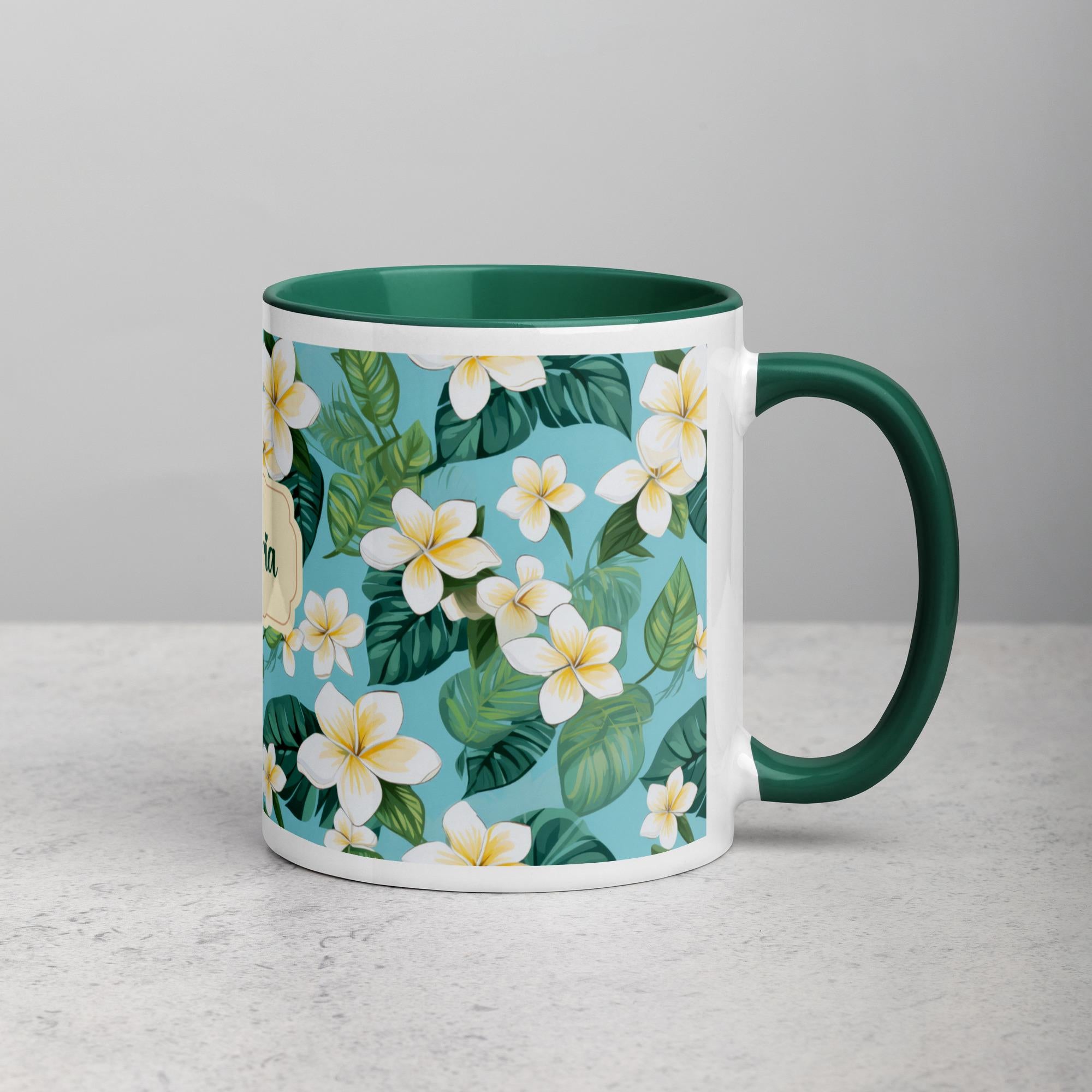 Plumeria Coffee Mug Hawaiian flowers mug green inside plumeria mug gift