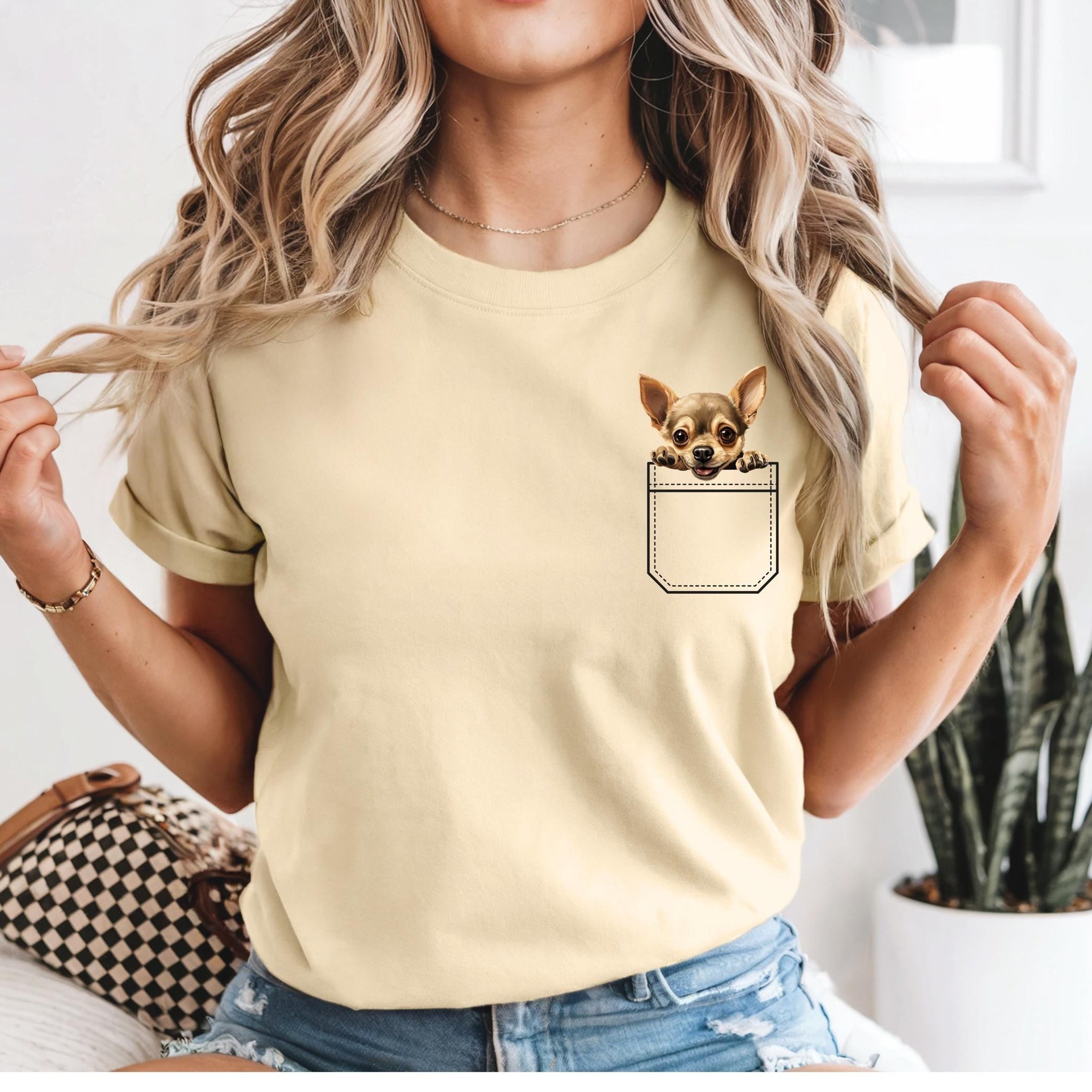 Chihuahua Pocket Peeker Shirt, Comfort Colors Unisex Tee Personalize puppy name