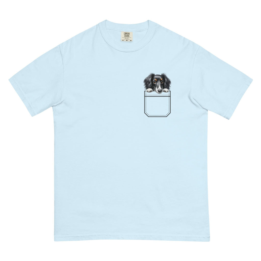 Dachshund Puppy Comfort Colors Shirt, personalized Faux Pocket Tee long hair dachshund