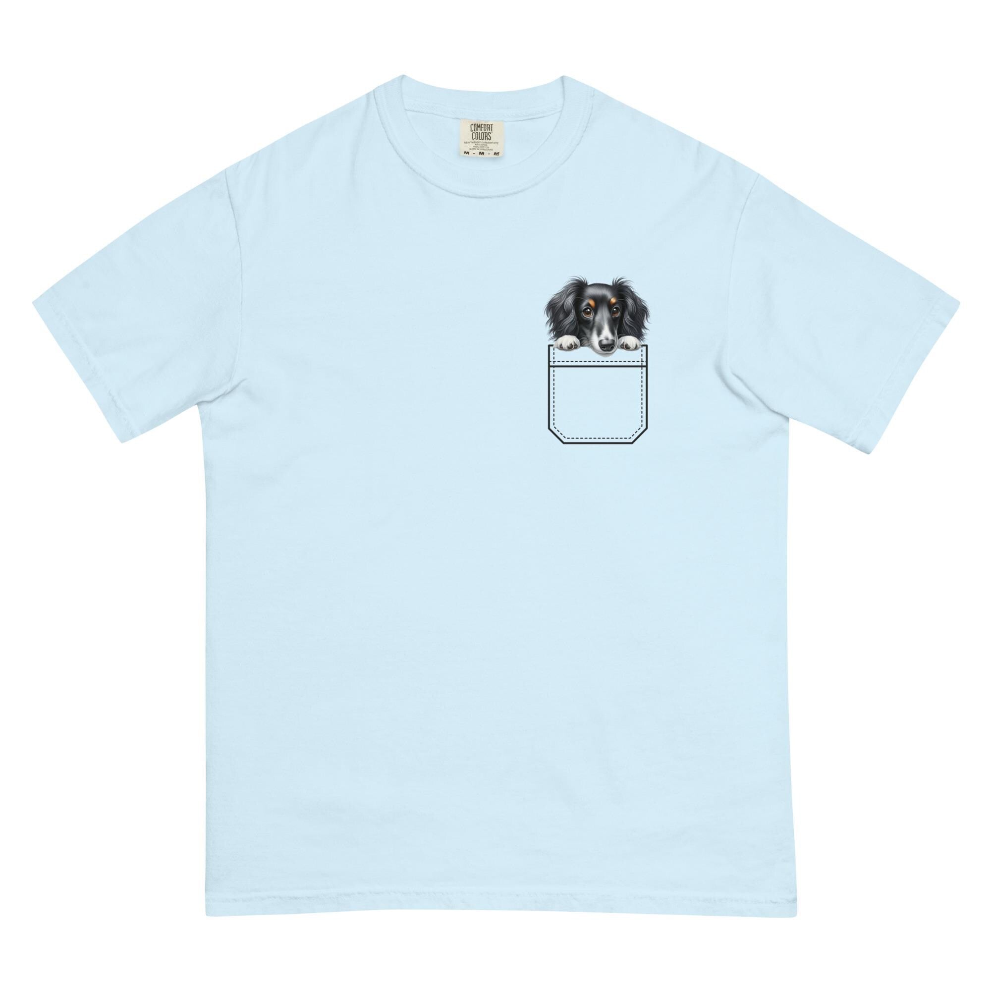Dachshund Puppy Comfort Colors Shirt, personalized Faux Pocket Tee long hair dachshund