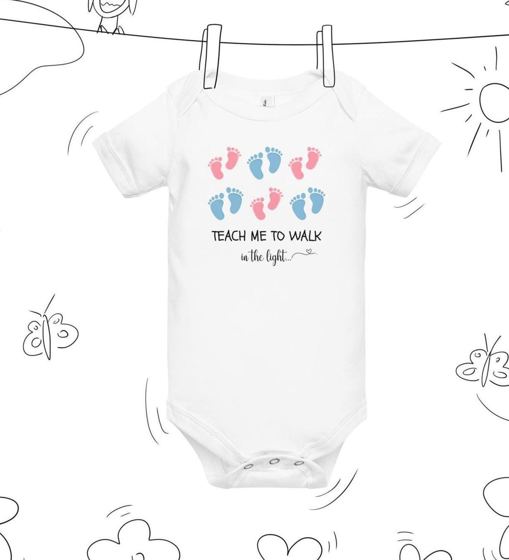 Christian Baby Footprints Bodysuit: Teach Me to Walk, LDS Baby Gift