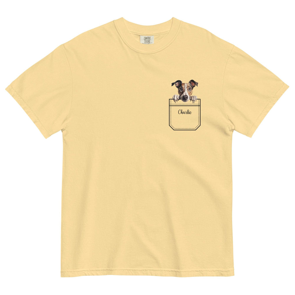 Greyhound t-shirt Comfort Colors faux pocket puppy peeker, personalized custom name personalized dog tee