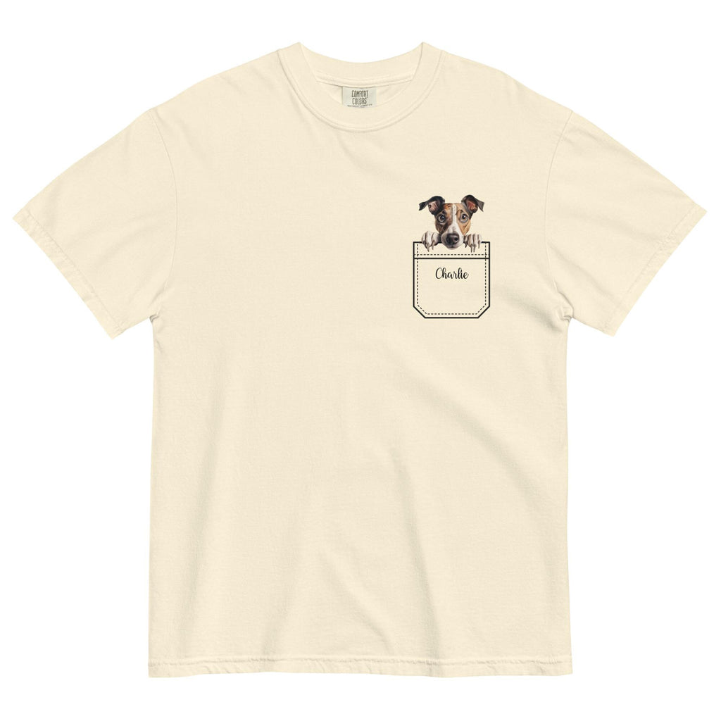 Greyhound t-shirt Comfort Colors faux pocket puppy peeker, personalized custom name personalized dog tee