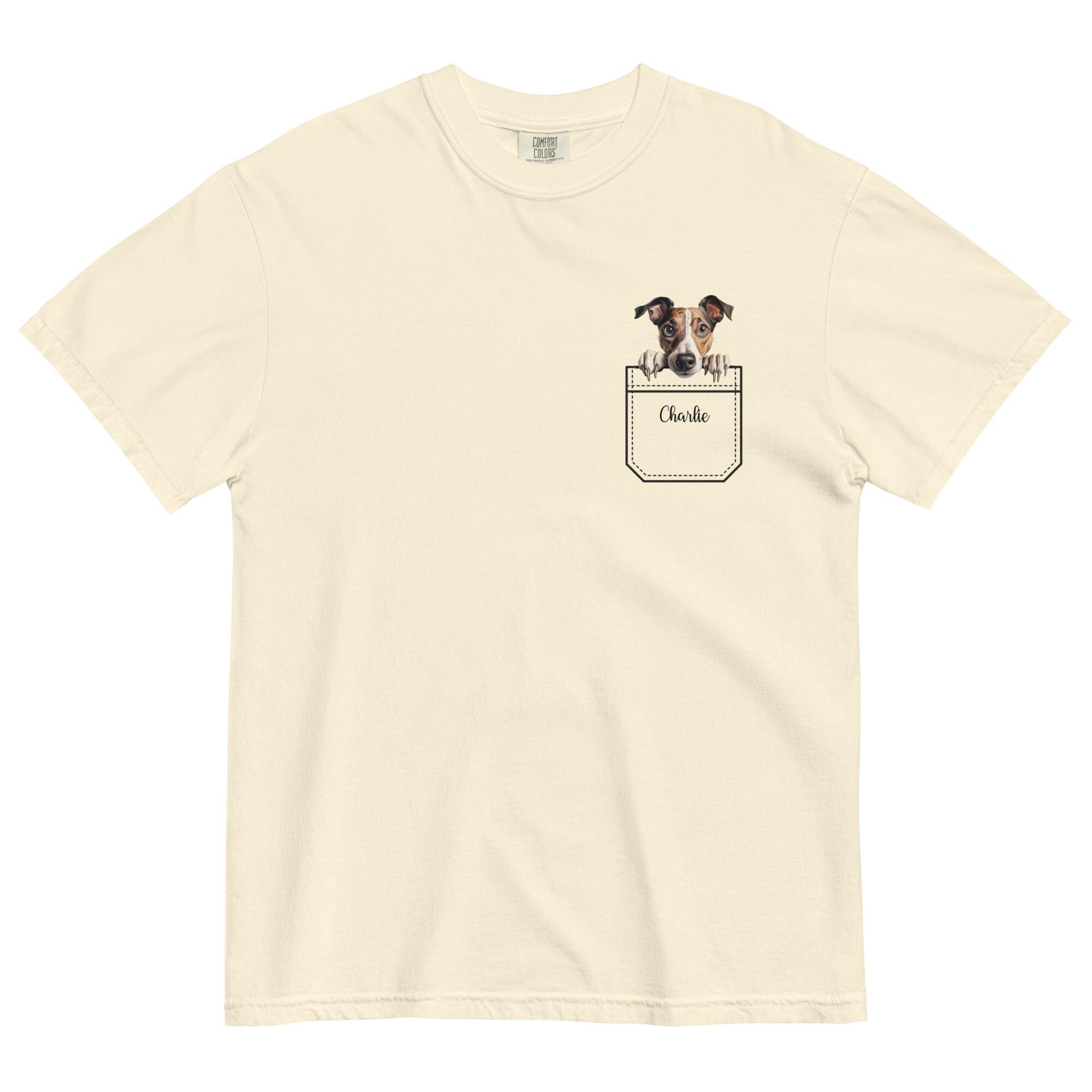 Greyhound t-shirt Comfort Colors faux pocket puppy peeker, personalized custom name personalized dog tee