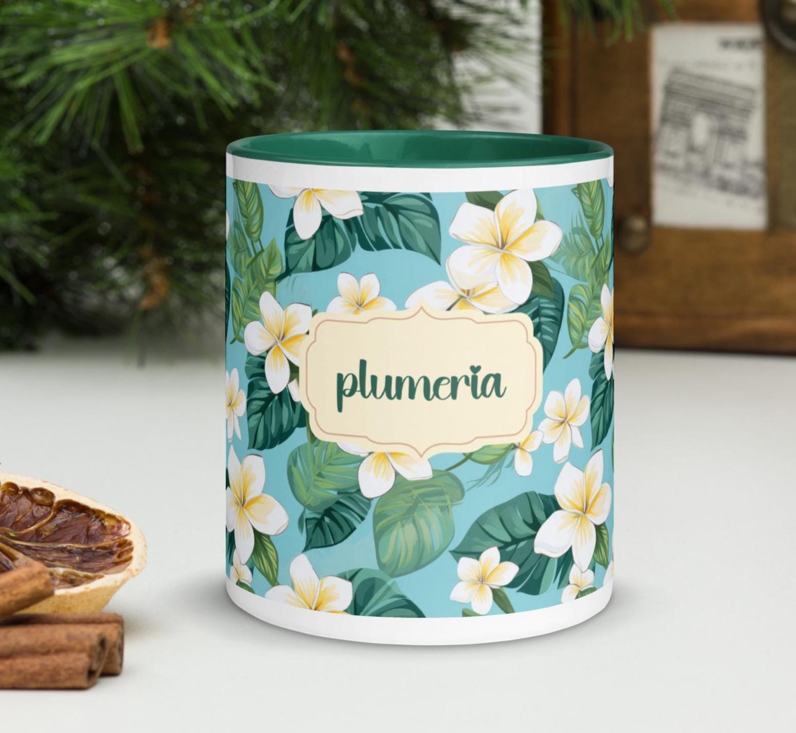 Plumeria Coffee Mug Hawaiian flowers mug green inside plumeria mug gift