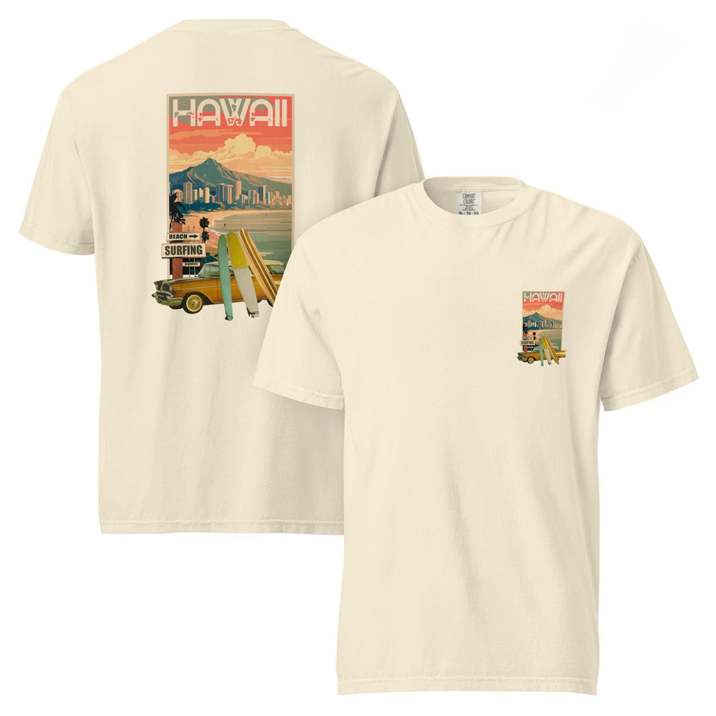 Retro Hawaii classic car and surfing Comfort Colors t-shirt front and back print Waikiki tee