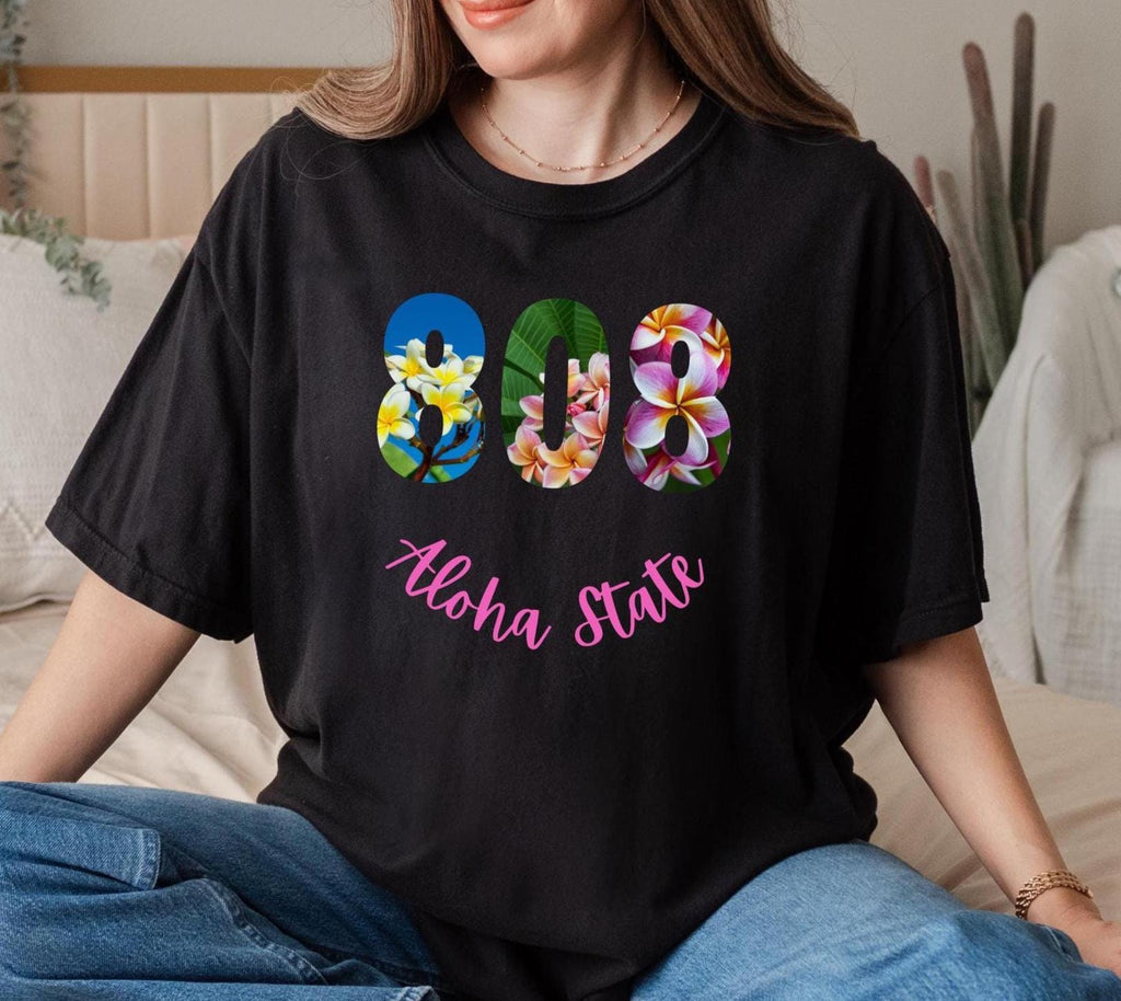Hawaii T-Shirt: Comfort Colors 808 Aloha State Hawaii Plumeria Flowers, Unisex Cotton Tee