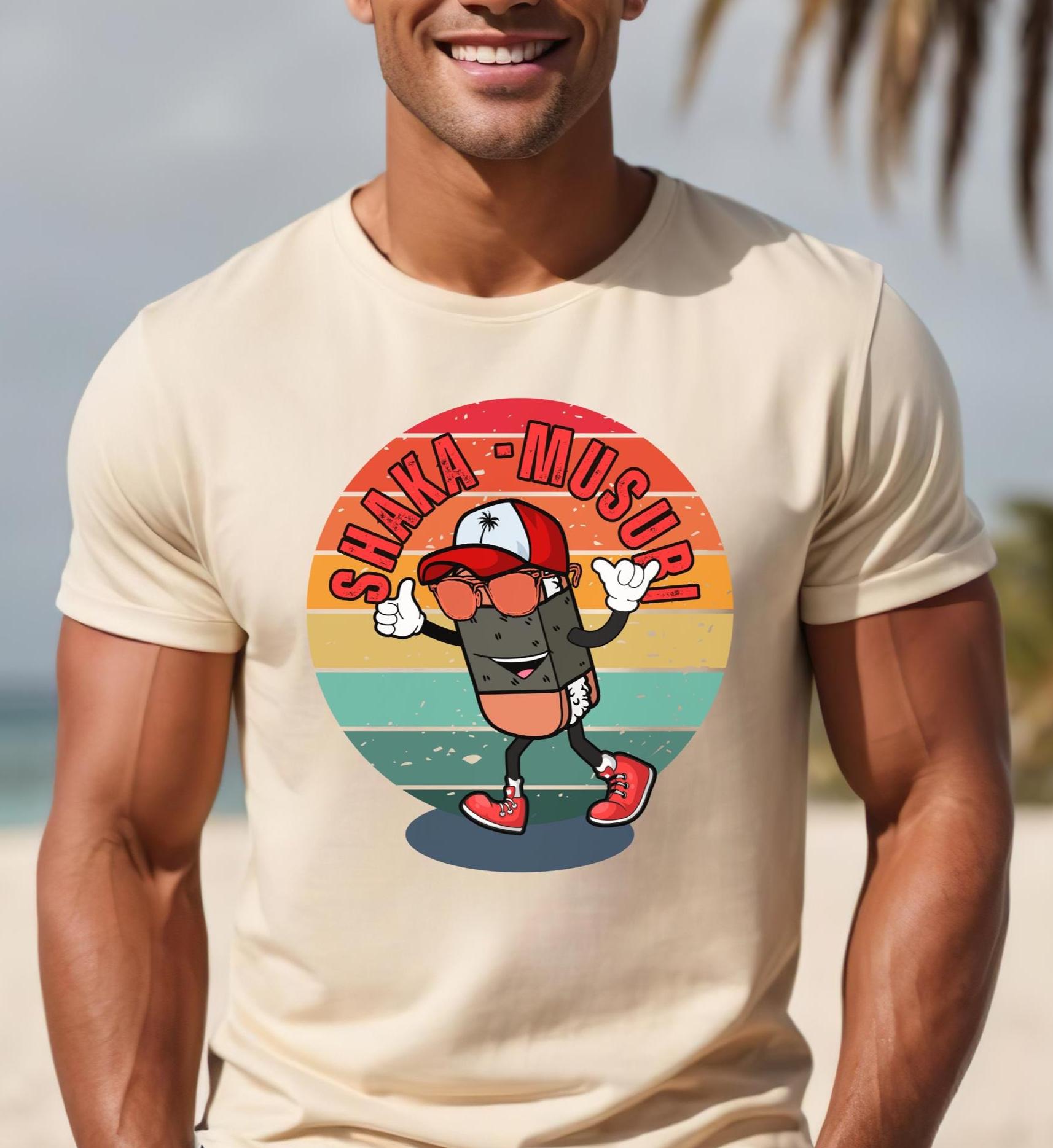 Funny Hawaii Shaka Musubi Man T-Shirt: Retro Sunset Shaka Graphic Tee