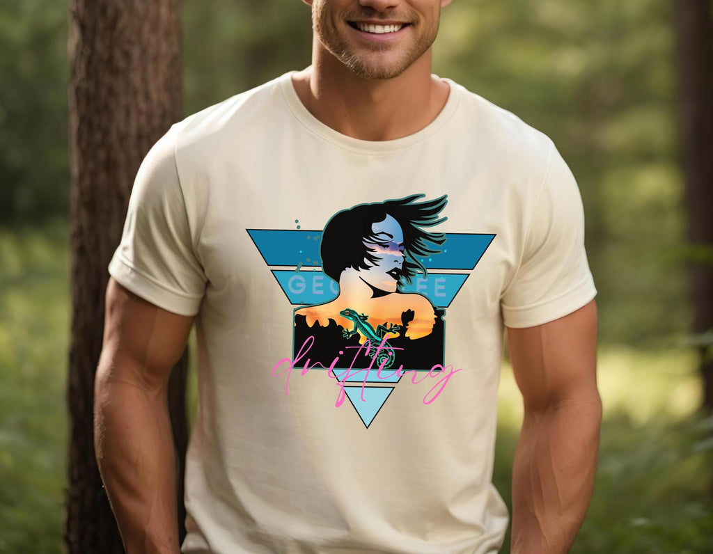 Retro Gecko T-Shirt: Artistic Woman & Lizard Design