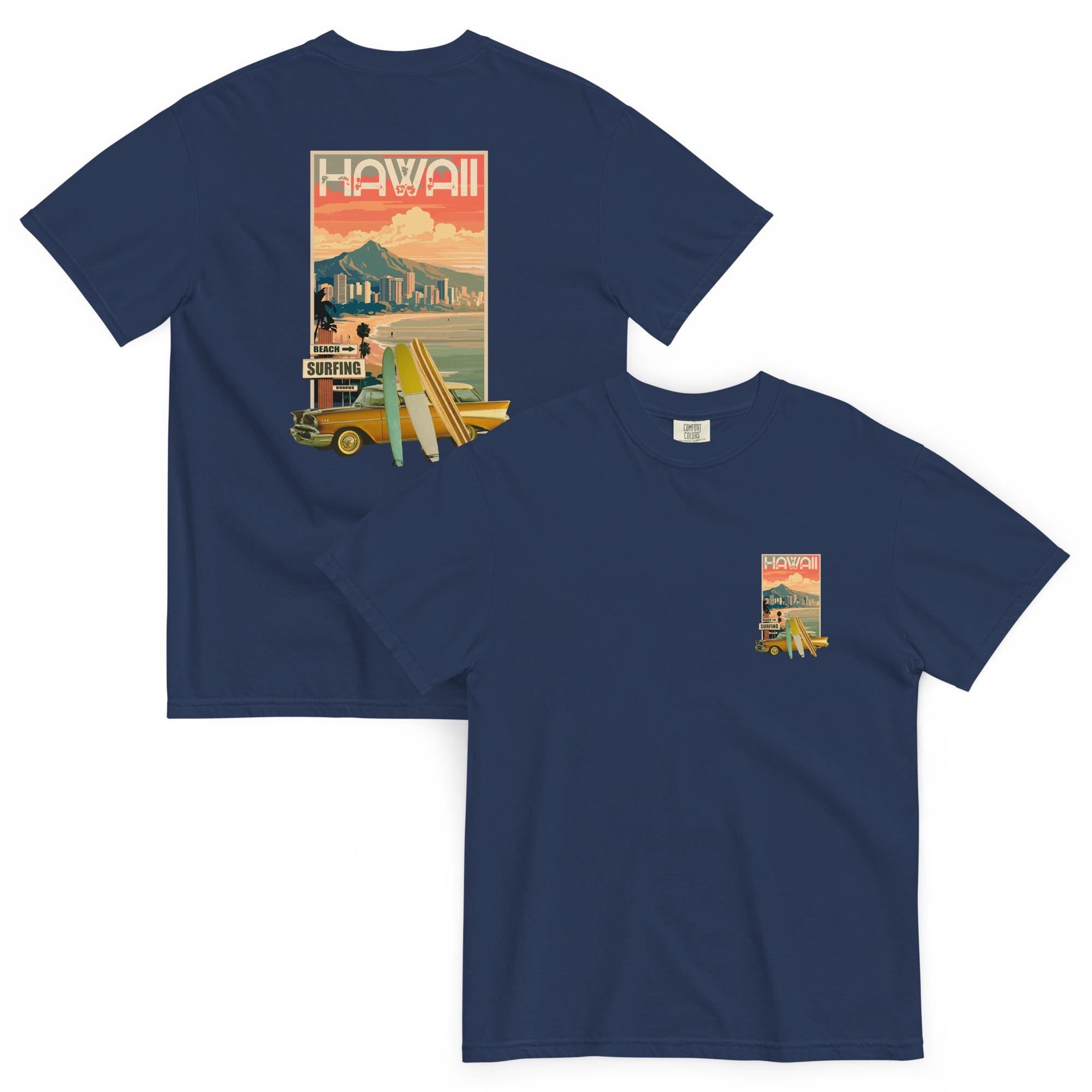Retro Hawaii classic car and surfing Comfort Colors t-shirt front and back print Waikiki tee