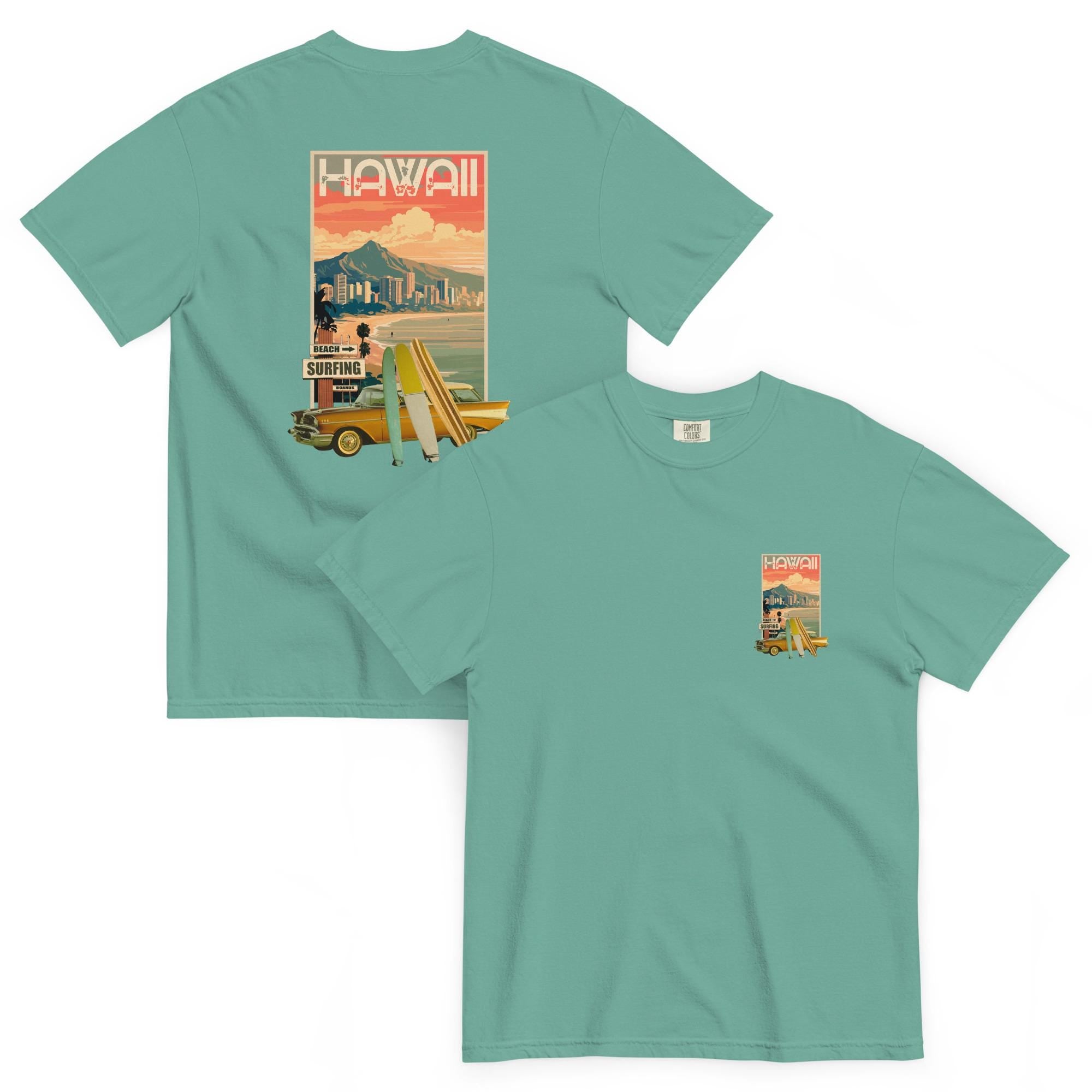 Retro Hawaii classic car and surfing Comfort Colors t-shirt front and back print Waikiki tee