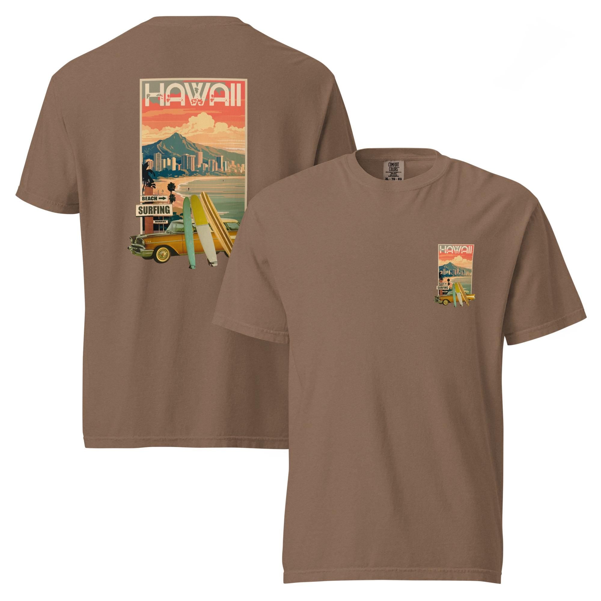 Retro Hawaii classic car and surfing Comfort Colors t-shirt front and back print Waikiki tee