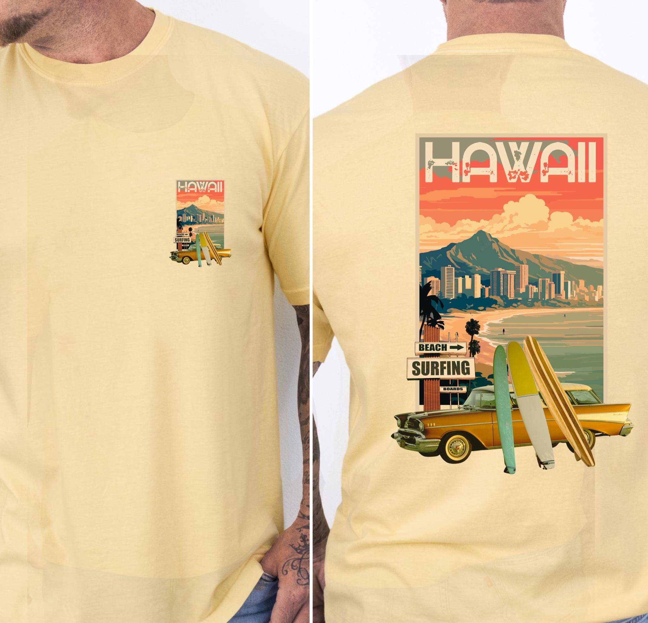 Retro Hawaii classic car and surfing Comfort Colors t-shirt front and back print Waikiki tee