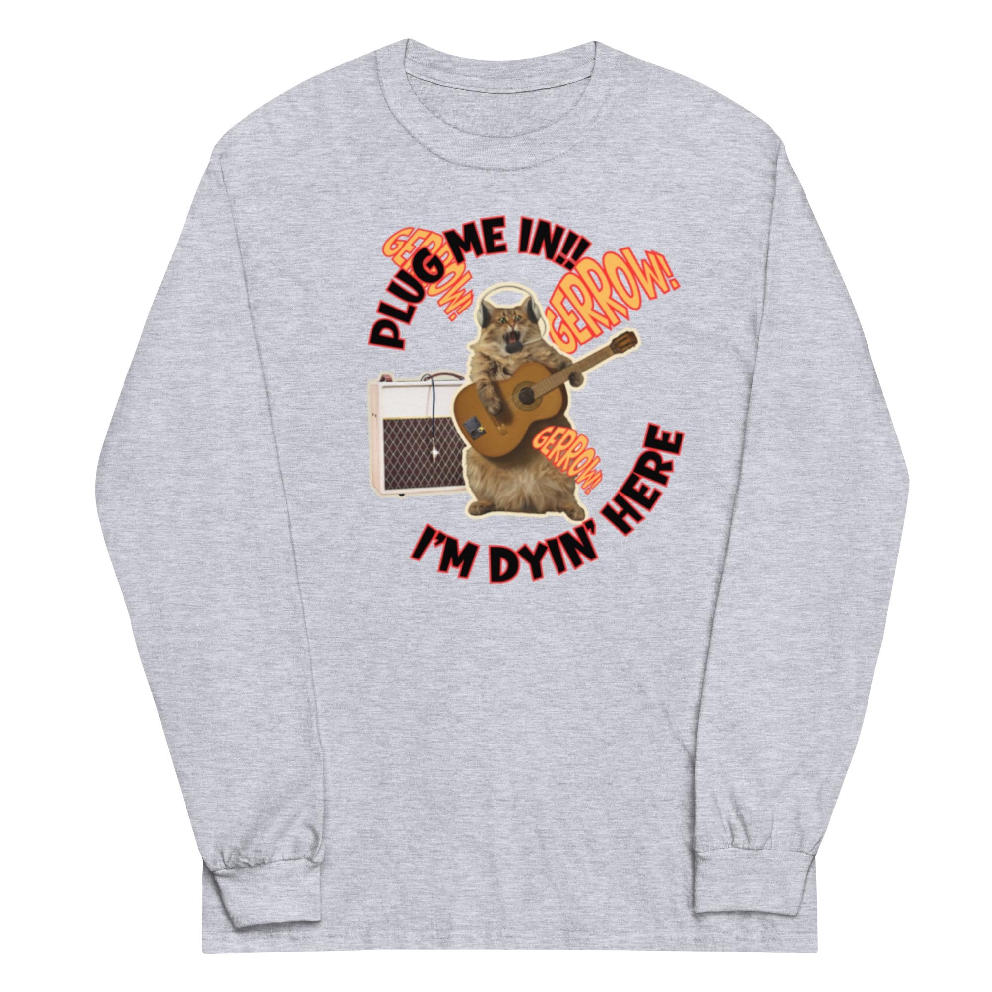 Funny Guitar Cat Shirt Rock band guitarist gift Men’s cotton long sleeve t-shirt