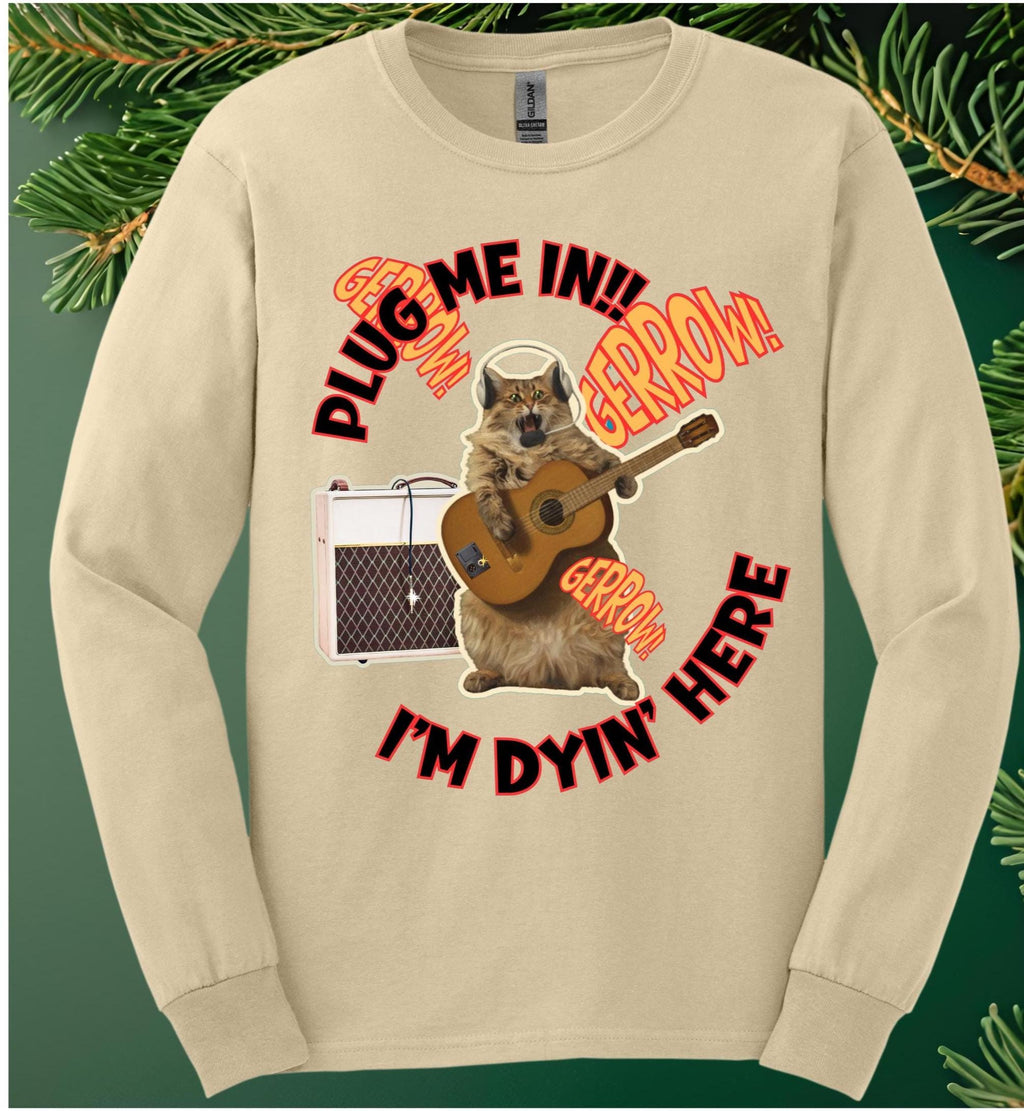 Funny Guitar Cat Shirt Rock band guitarist gift Men’s cotton long sleeve t-shirt