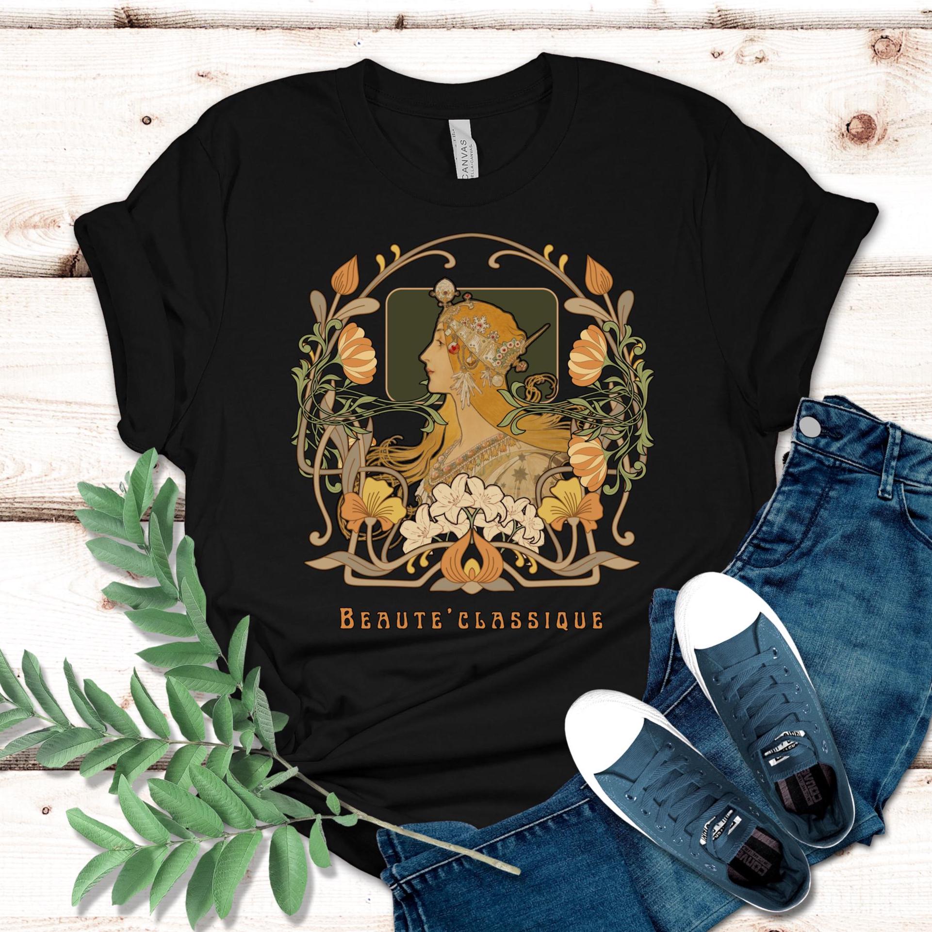Female Beauty T-shirt Art nouveau woman and foliage gift for art lover, artist shirt gift Unisex t-shirt