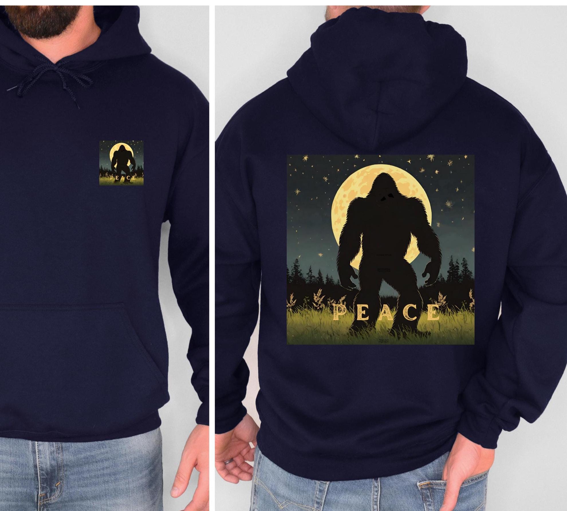 Bigfoot Peace Hoodie: Full Moon Sasquatch Back Print