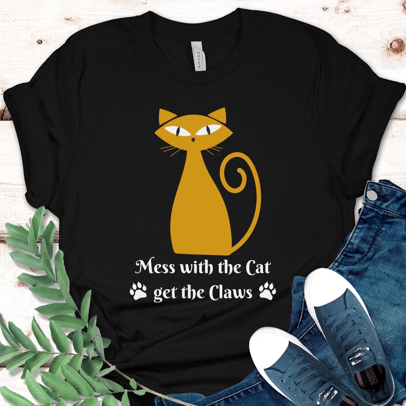 Funny Cat T-Shirt: "Mess with the Cat, Get the Claws" mid century cat tee