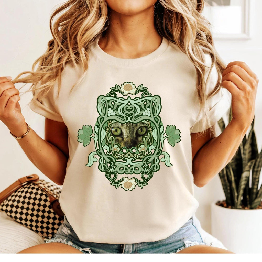 Cat eyes art shirt Comfort Colors green cat design art nouveau inspired cat lover gift