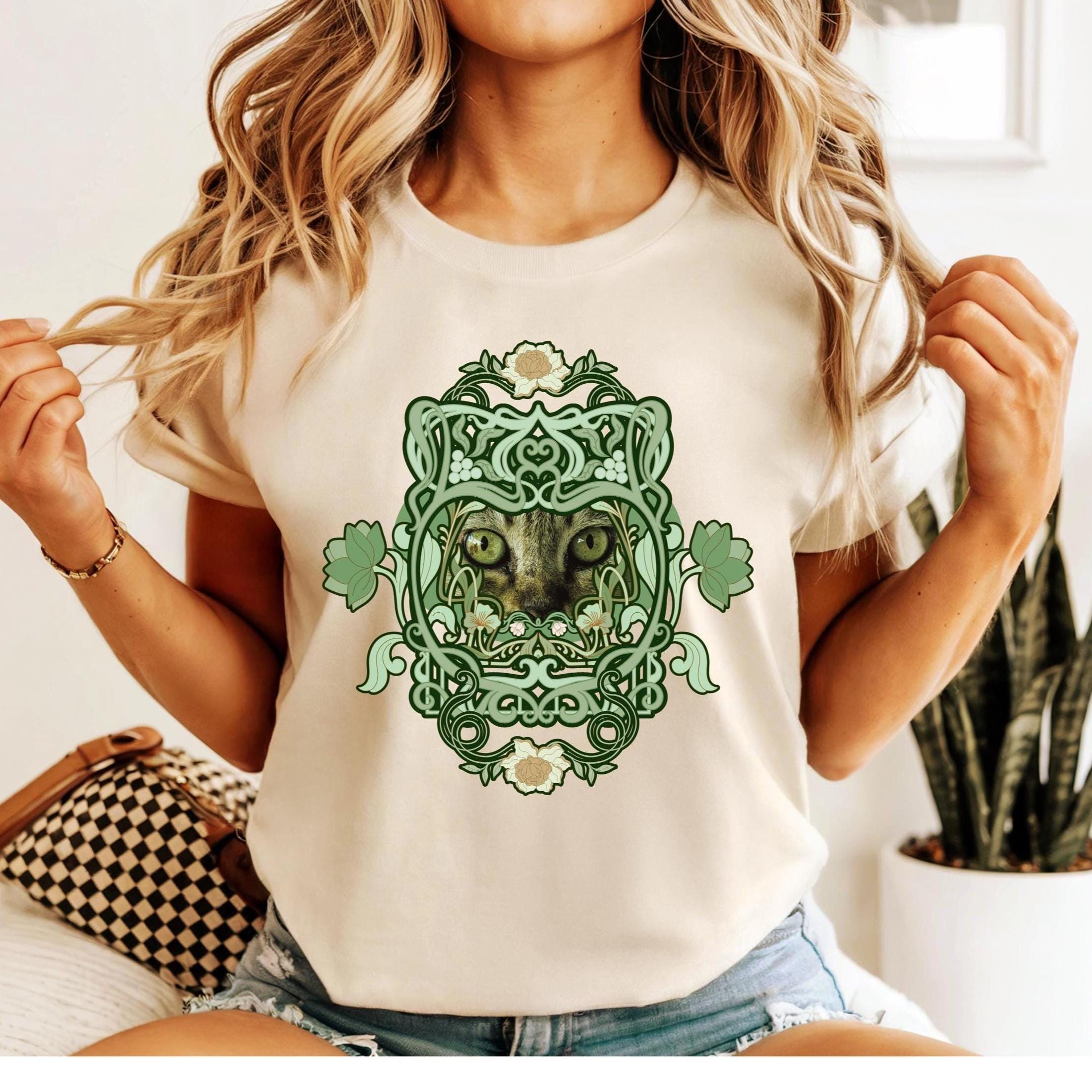 Cat eyes art shirt Comfort Colors green cat design art nouveau inspired cat lover gift