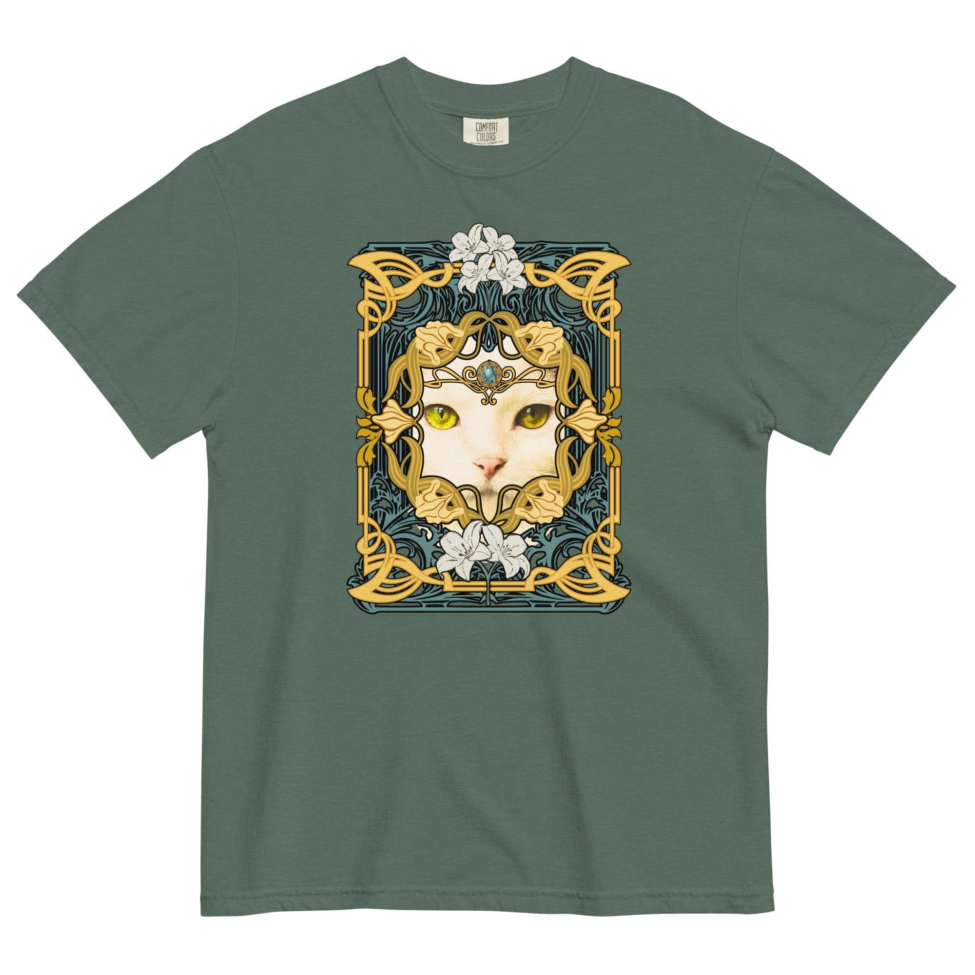 White Cat Shirt Comfort Colors white cat art deco style t-shirt floral cat design Unisex garment-dyed heavyweight t-shirt