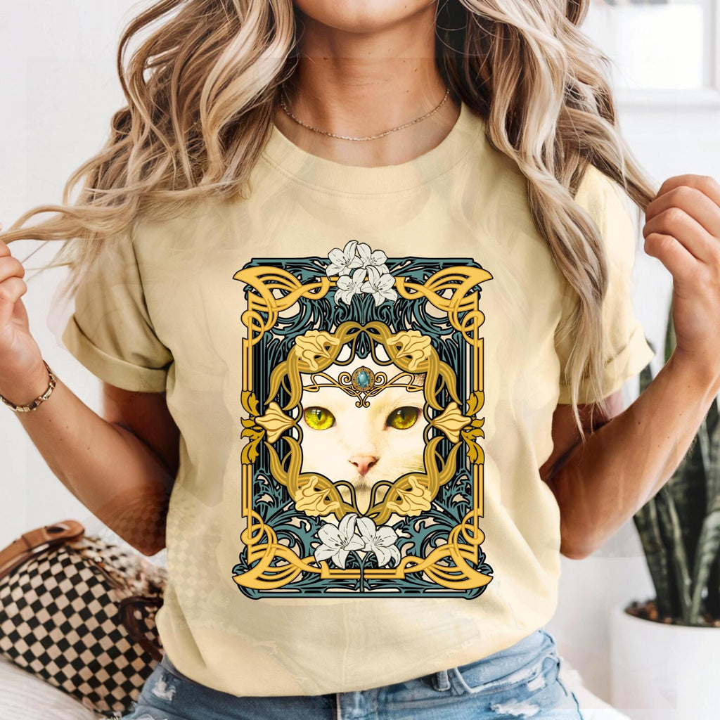 White Cat Shirt Comfort Colors white cat art deco style t-shirt floral cat design Unisex garment-dyed heavyweight t-shirt