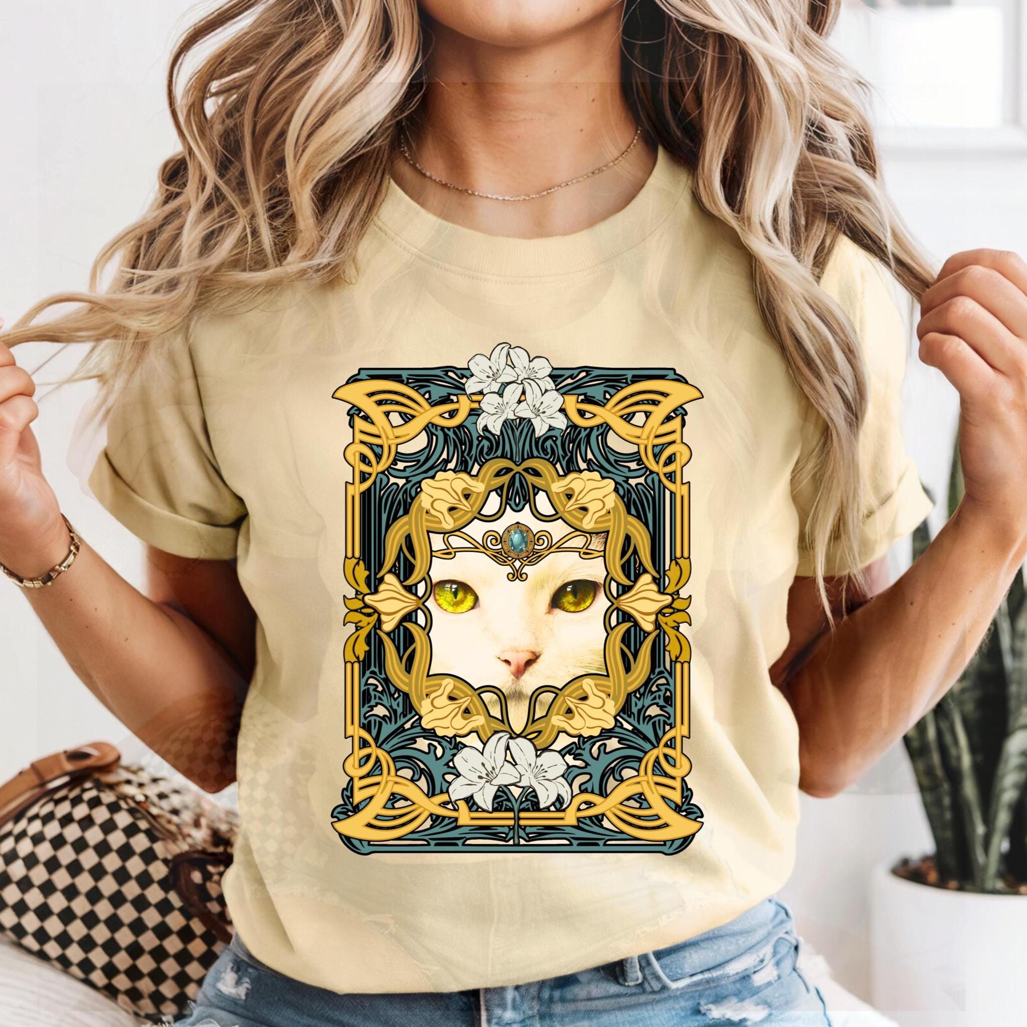 White Cat Shirt Comfort Colors white cat art deco style t-shirt floral cat design Unisex garment-dyed heavyweight t-shirt