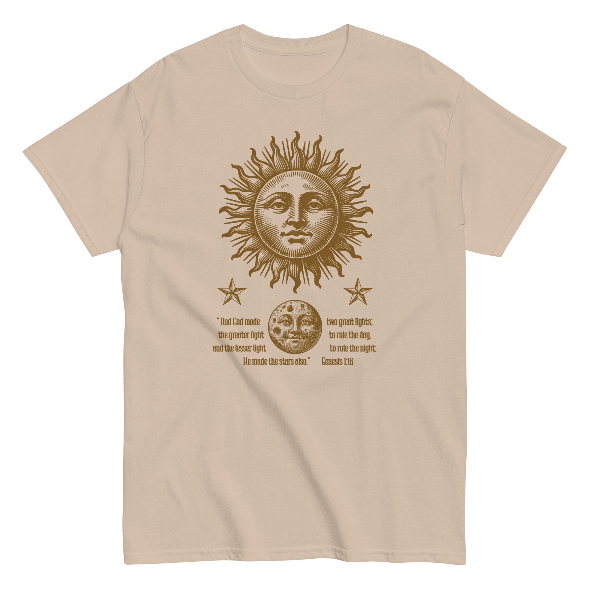 Beige t-shirt with sun and moon design and text on a white background
