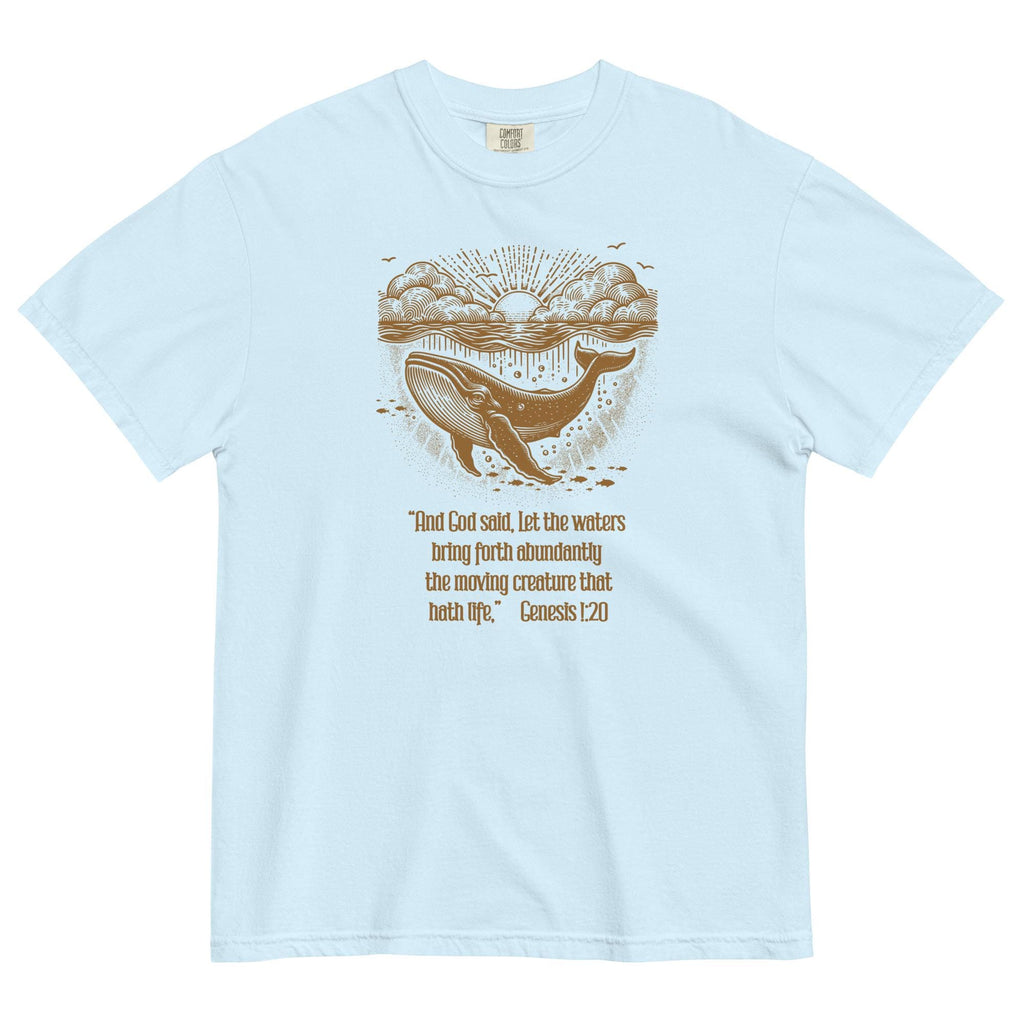 Light blue t-shirt with a whale graphic and text on a white background