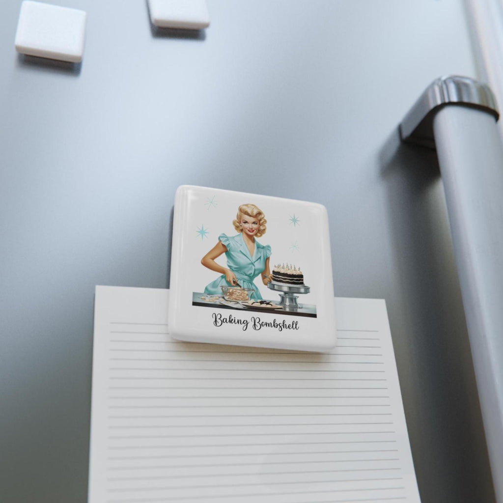 Retro 50s Housewife Baking Bombshell Porcelain Magnet | Square Vintage Pin-Up Kitchen