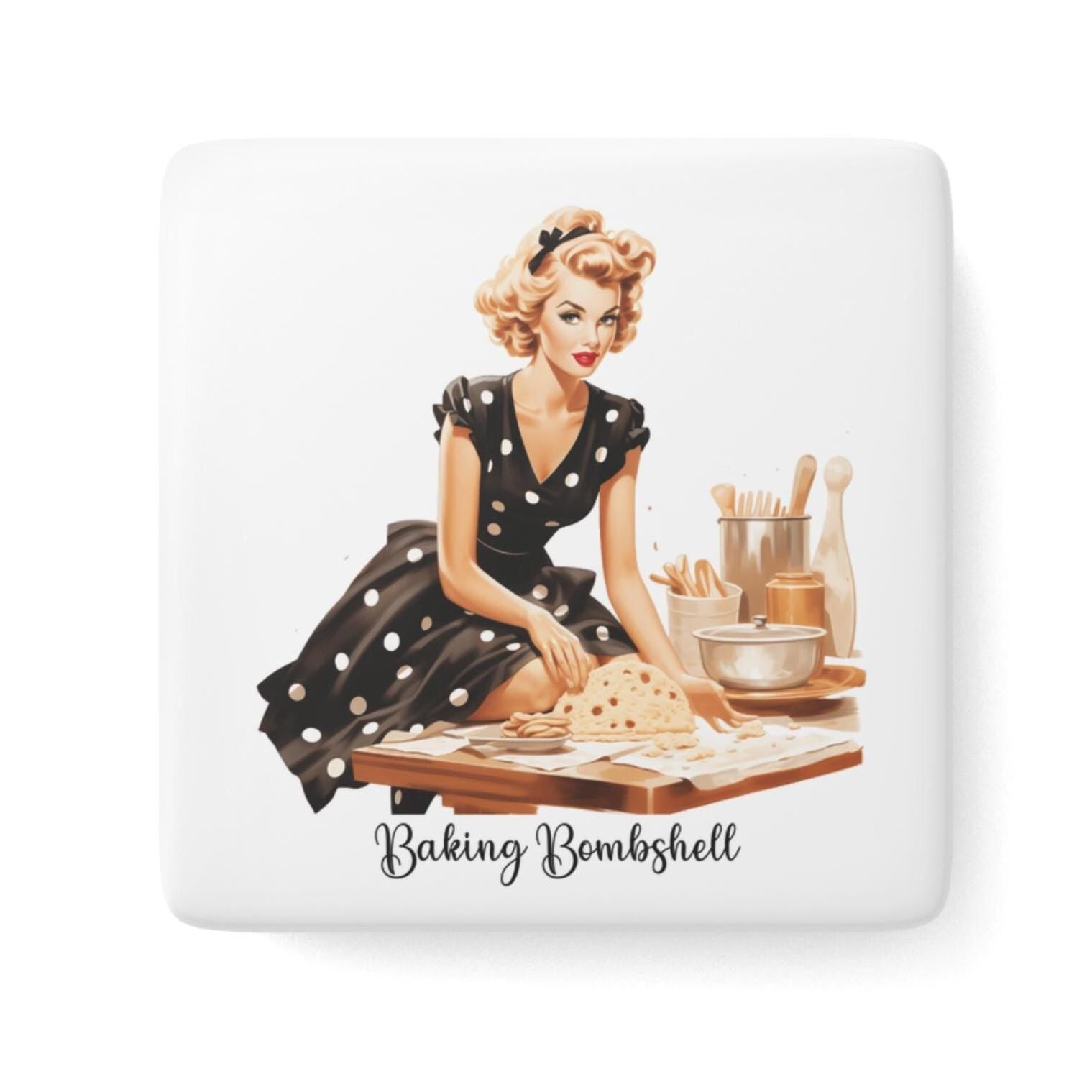 Retro 50s Housewife Baking Porcelain Magnet | Square Retro Pinup Baker Magnet gift for Baker