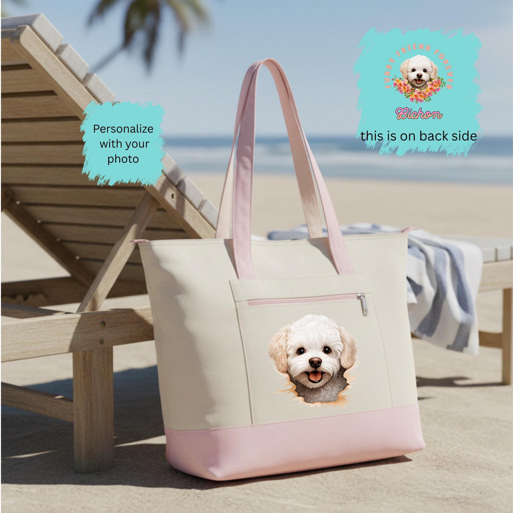 Bichon Frise Tote Bag dog portrait bag  Zippered Cotton Canvas Tote Personalize this tote custom dog or cat design