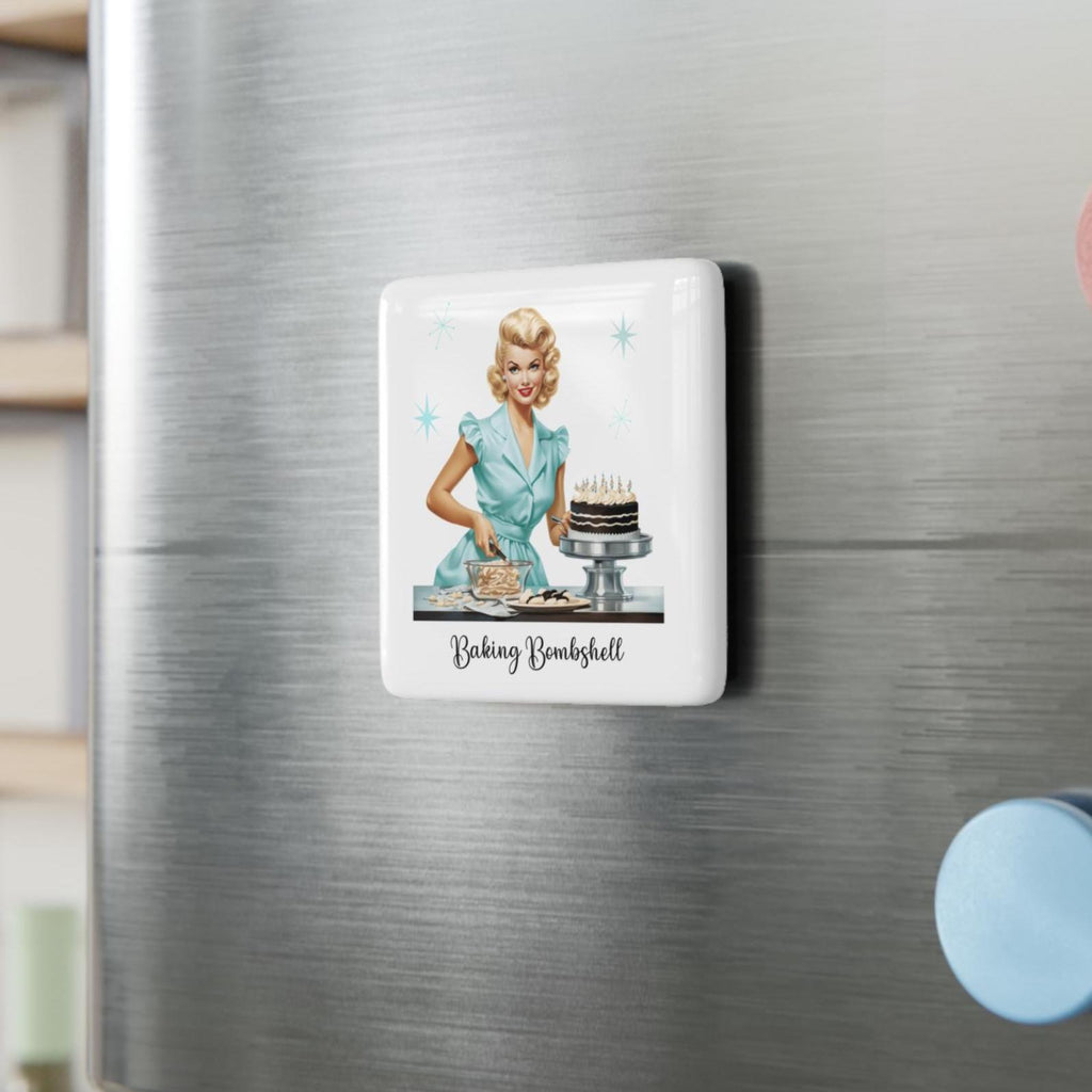 Retro 50s Housewife Baking Bombshell Porcelain Magnet | Square Vintage Pin-Up Kitchen
