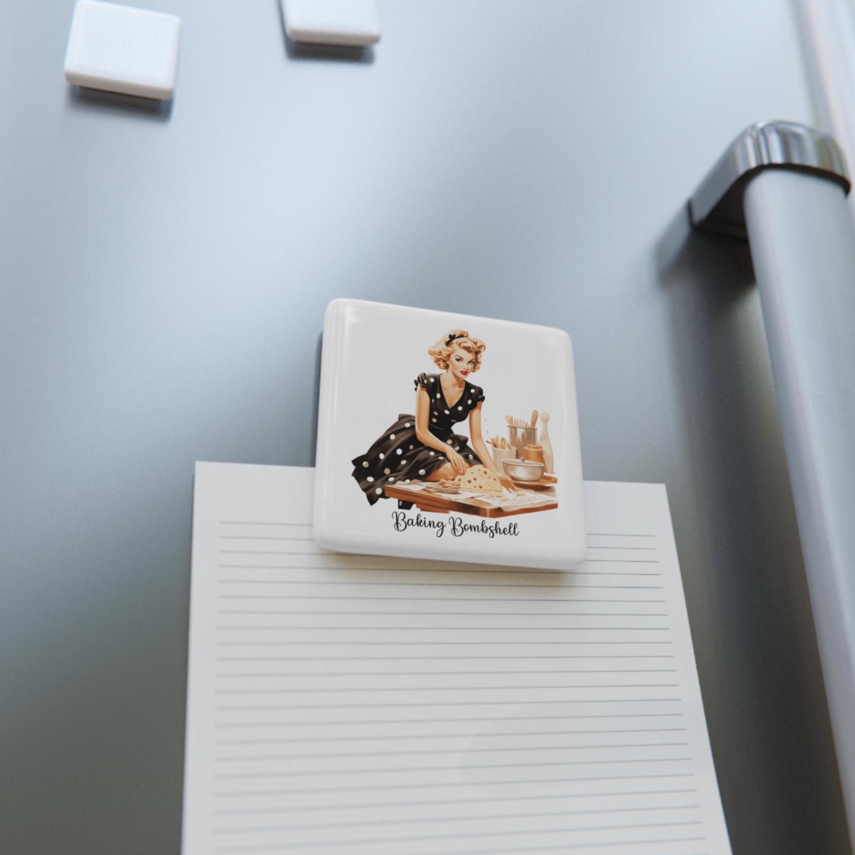Retro 50s Housewife Baking Porcelain Magnet | Square Retro Pinup Baker Magnet gift for Baker