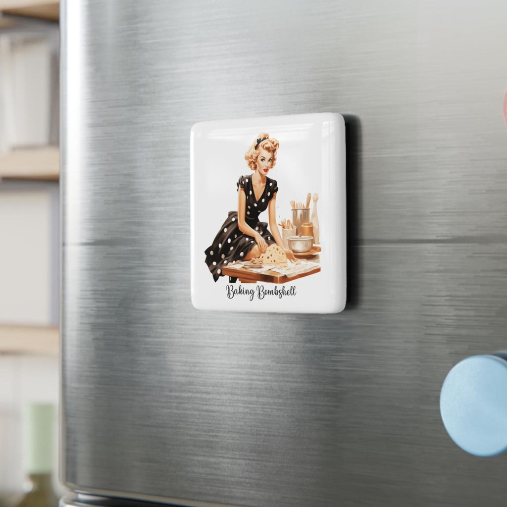 Retro 50s Housewife Baking Porcelain Magnet | Square Retro Pinup Baker Magnet gift for Baker