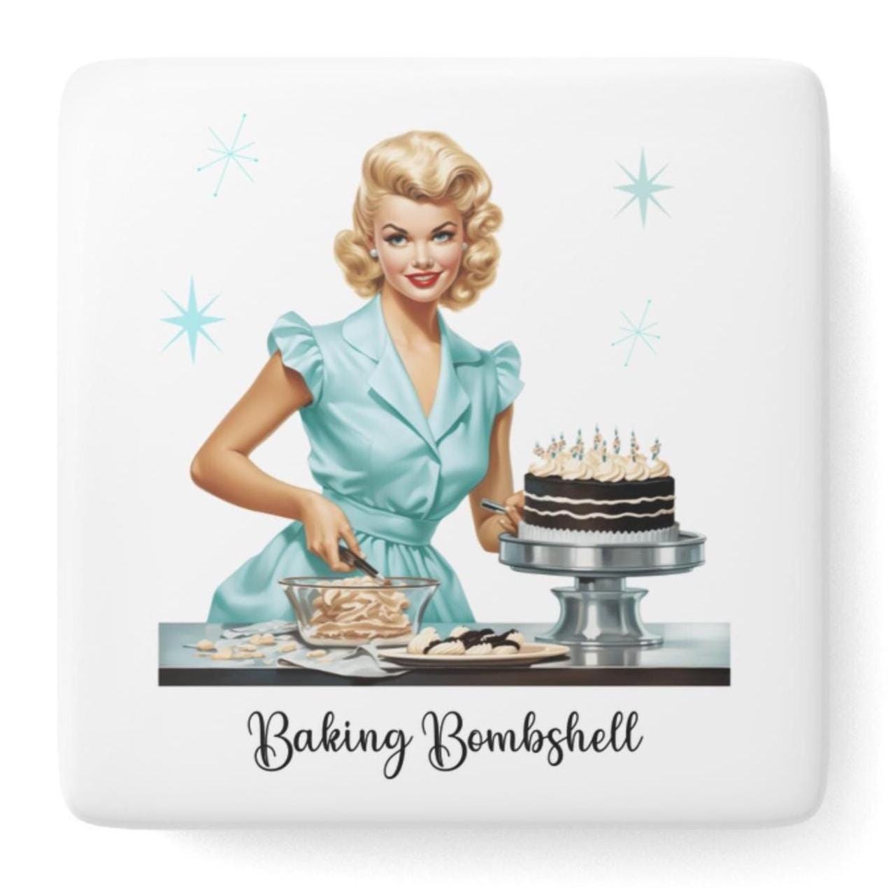 Retro 50s Housewife Baking Bombshell Porcelain Magnet | Square Vintage Pin-Up Kitchen