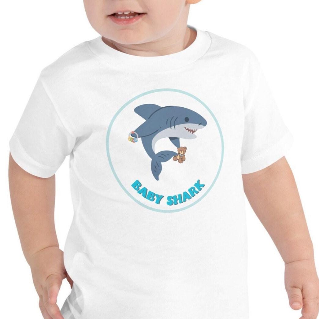 Baby Shark Toddler Shirt, Cute Cartoon Shark with Rattle & Teddy Bear