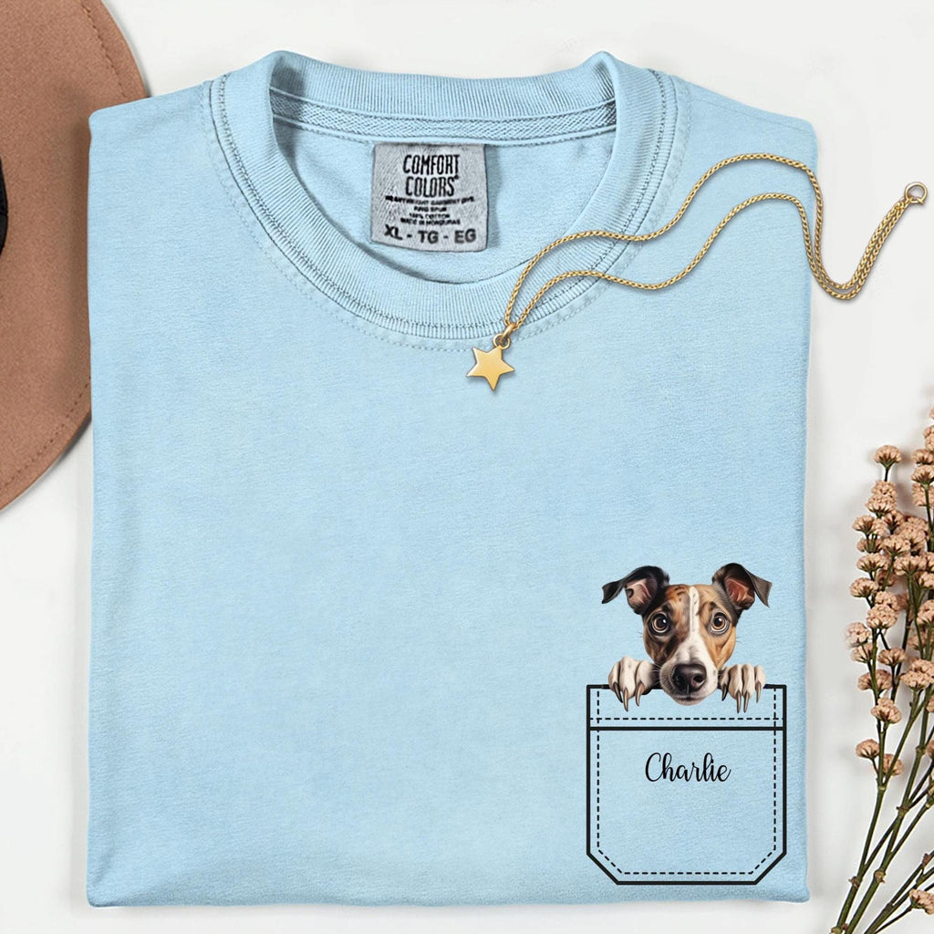 Greyhound t-shirt Comfort Colors faux pocket puppy peeker, personalized custom name personalized dog tee
