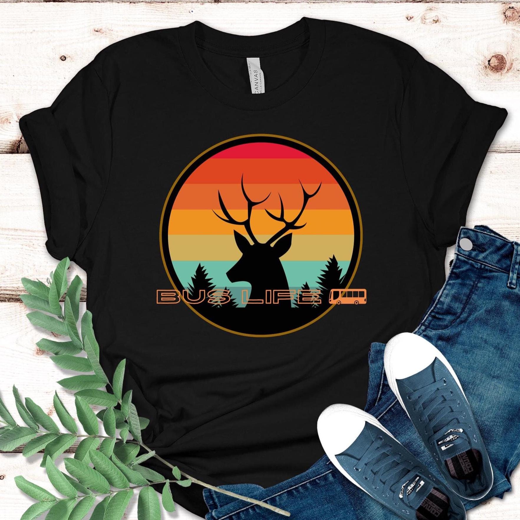 Retro Sunset Deer Bus Life T-Shirt: Nomad Deer Tee