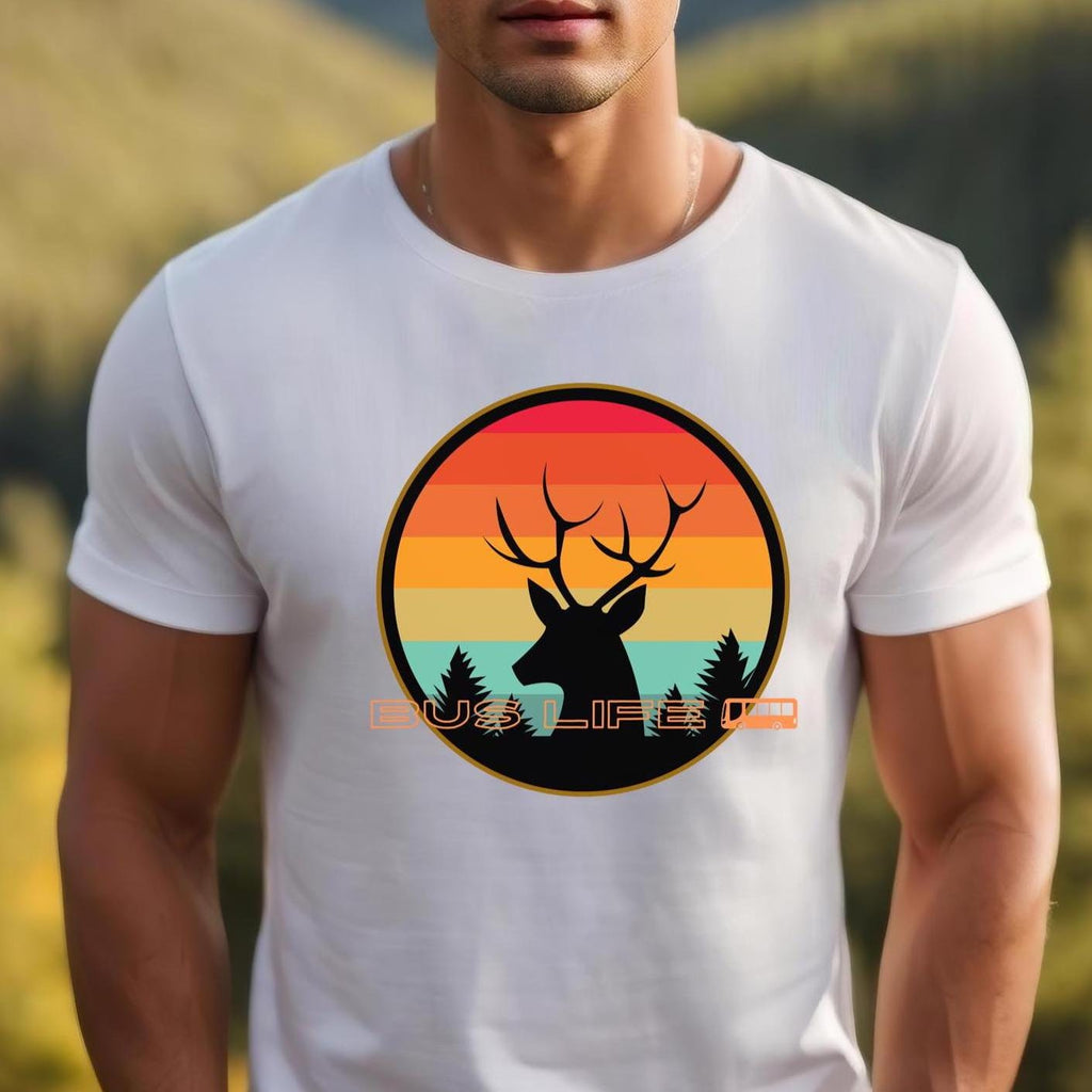 Retro Sunset Deer Bus Life T-Shirt: Nomad Deer Tee
