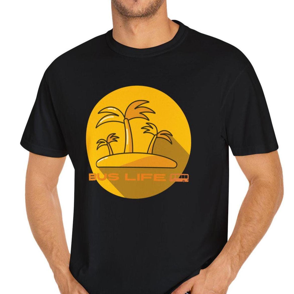 Bus Life Comfort Colors T-shirt: Yellow Bus & Palms Design