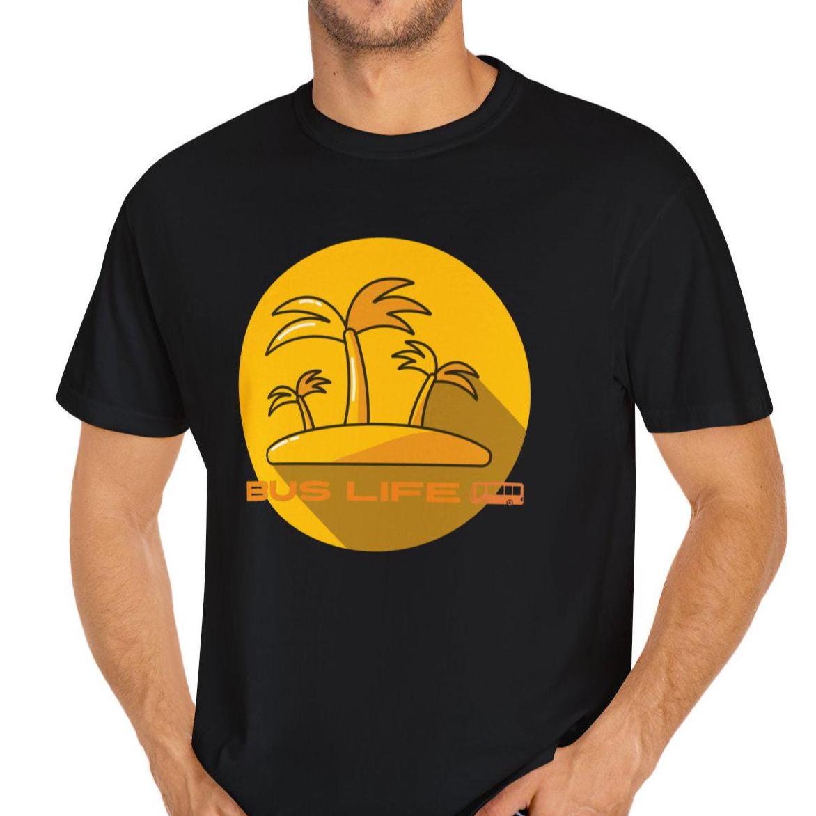 Bus Life Comfort Colors T-shirt: Yellow Bus & Palms Design