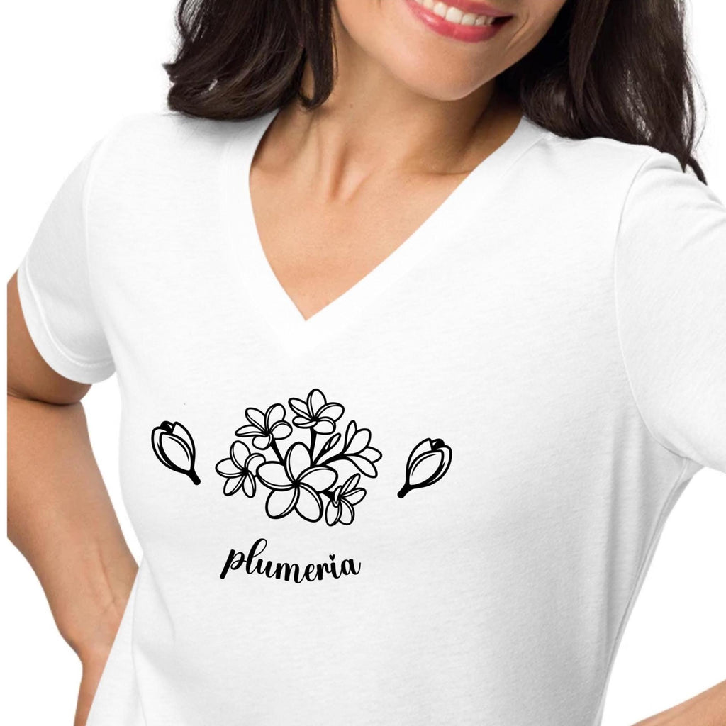Plumeria V-Neck T-Shirt Hawaiian plumeria minimalist tee Women’s relaxed v-neck t-shirt