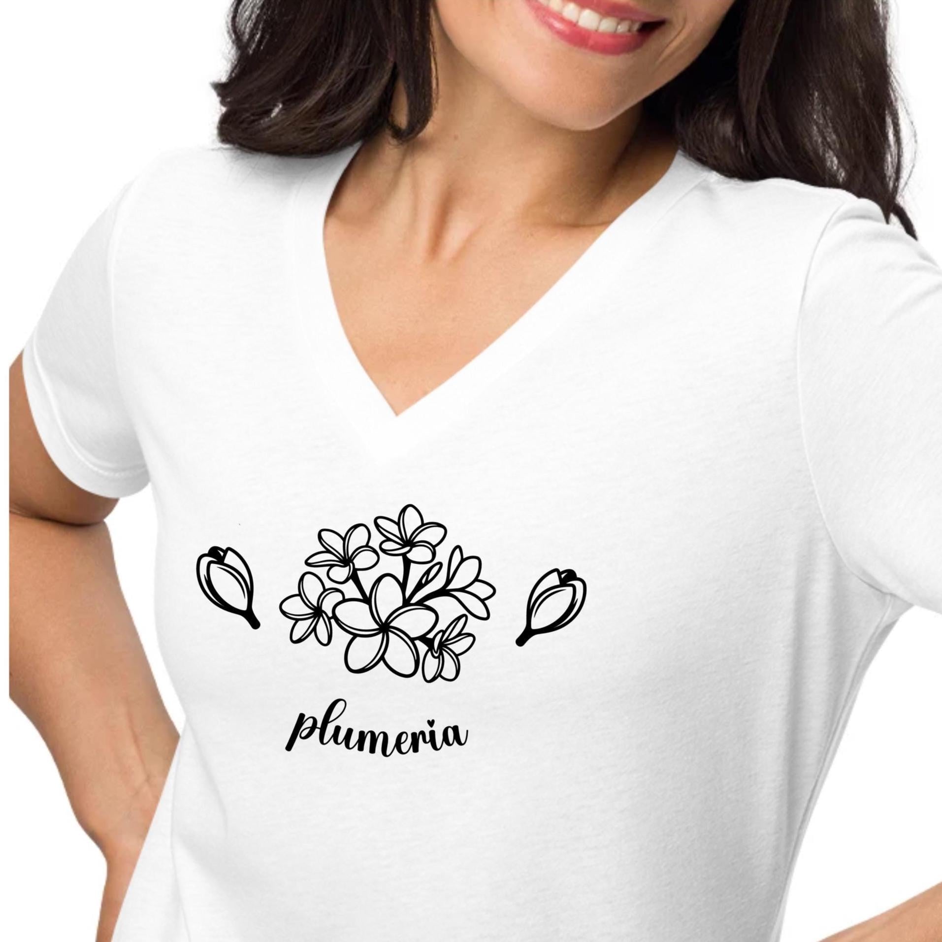 Plumeria V-Neck T-Shirt Hawaiian plumeria minimalist tee Women’s relaxed v-neck t-shirt