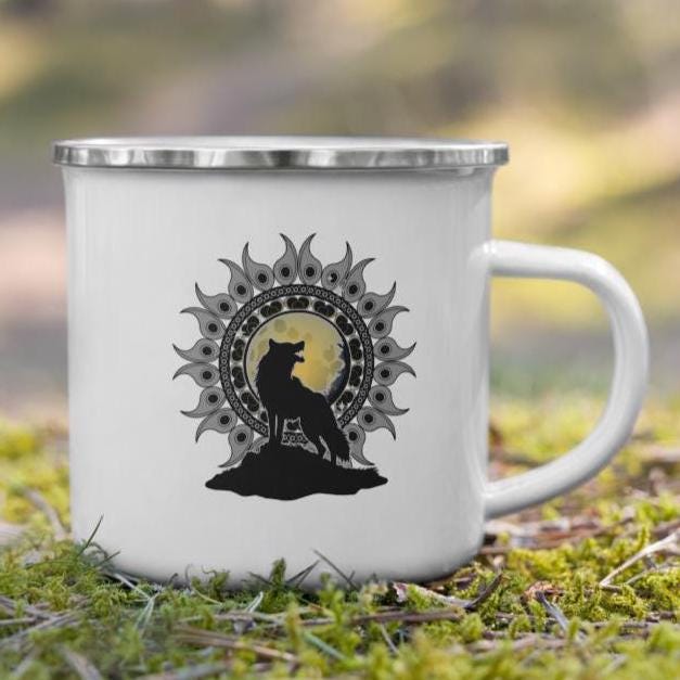 Wolf Mandala Enamel Camping Mug: Hot Chocolate Mug